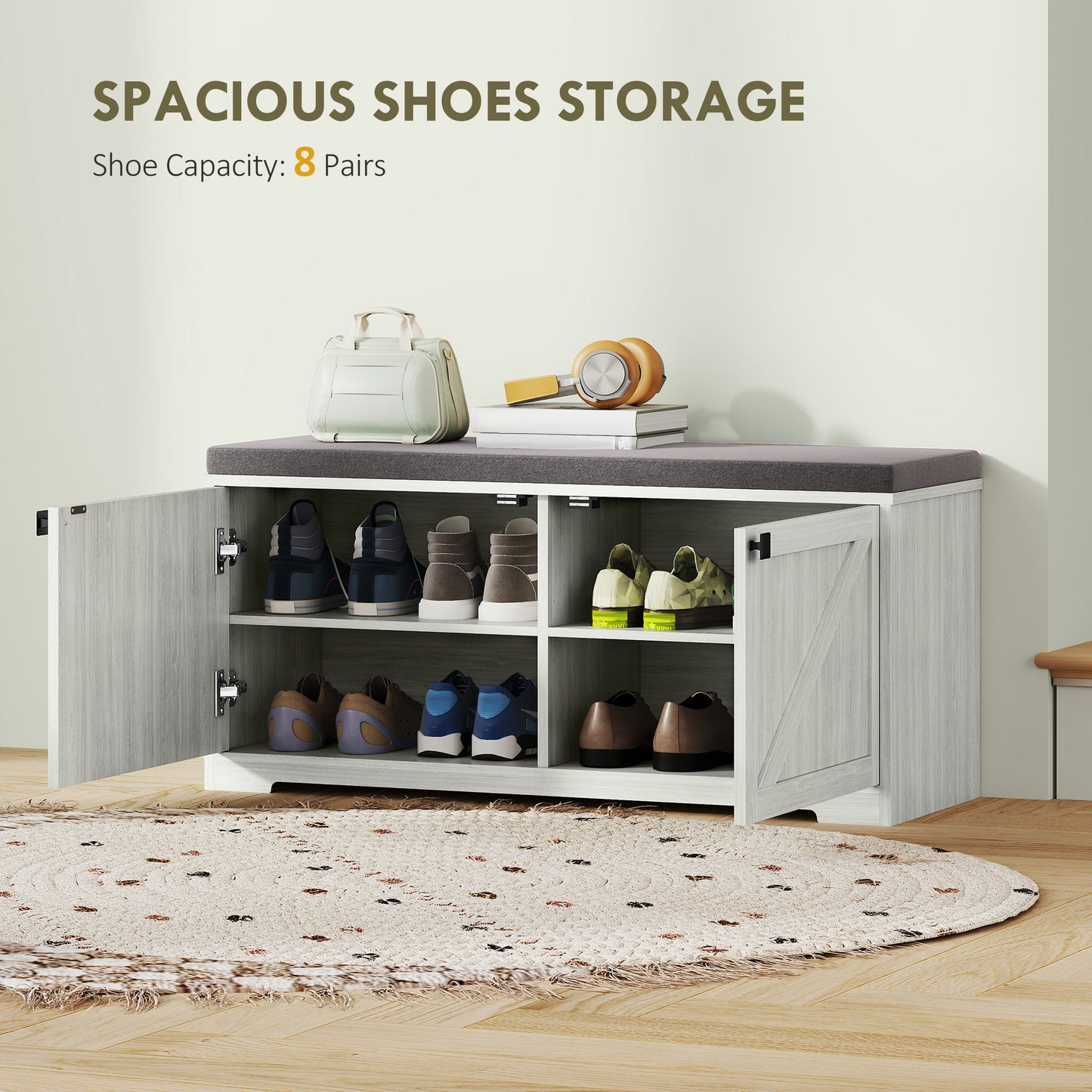 HOMCOM Shoe Storage Bench with Padded Seat, Entryway Bench Holds up to 352 lb, Shoe Organizer, 8 Pairs, Light Grey