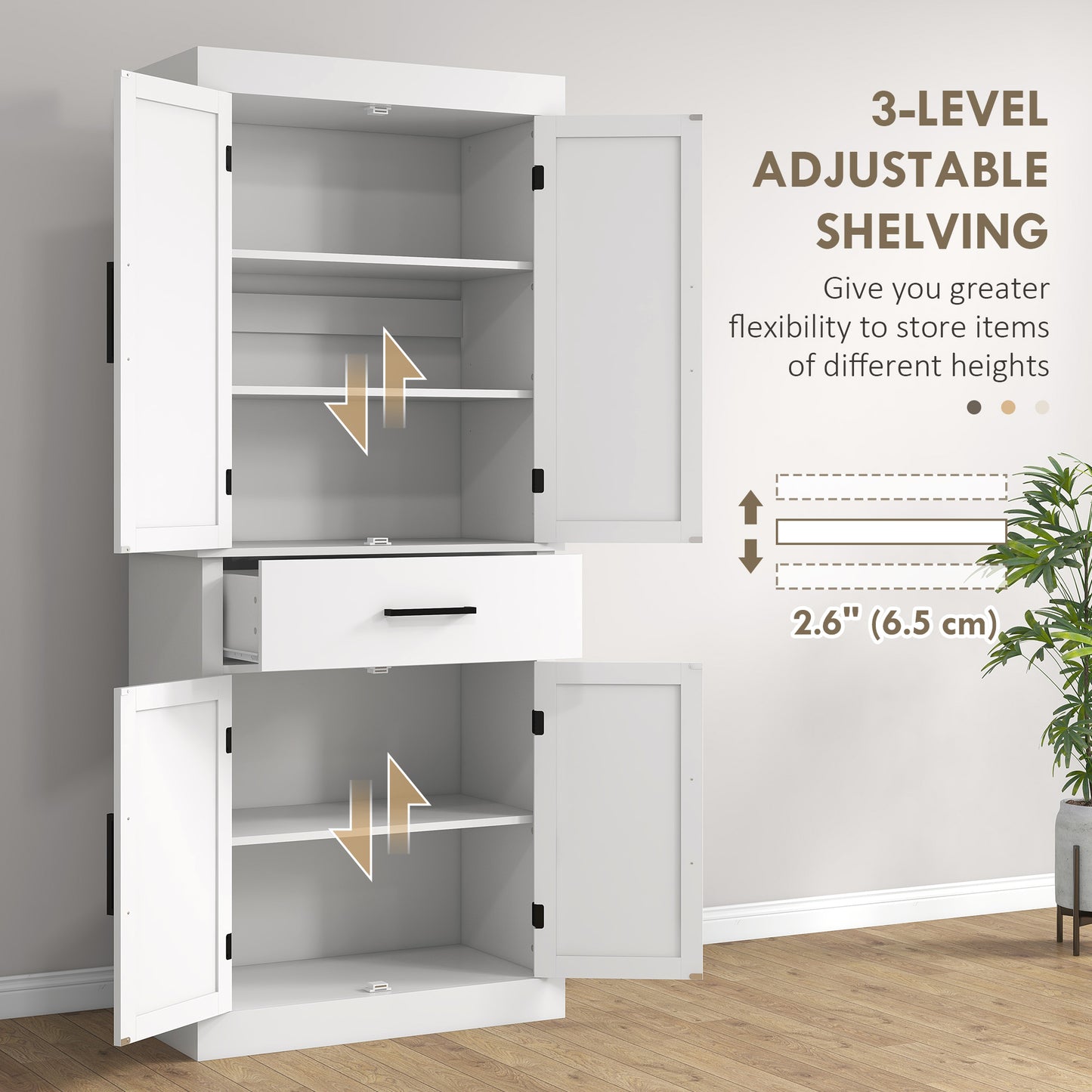 HOMCOM 72" Kitchen Storage Cabinet, Farmhouse Kitchen Pantry Cabinet with 4 Barn Doors, Drawer, Adjustable Shelves, Grey