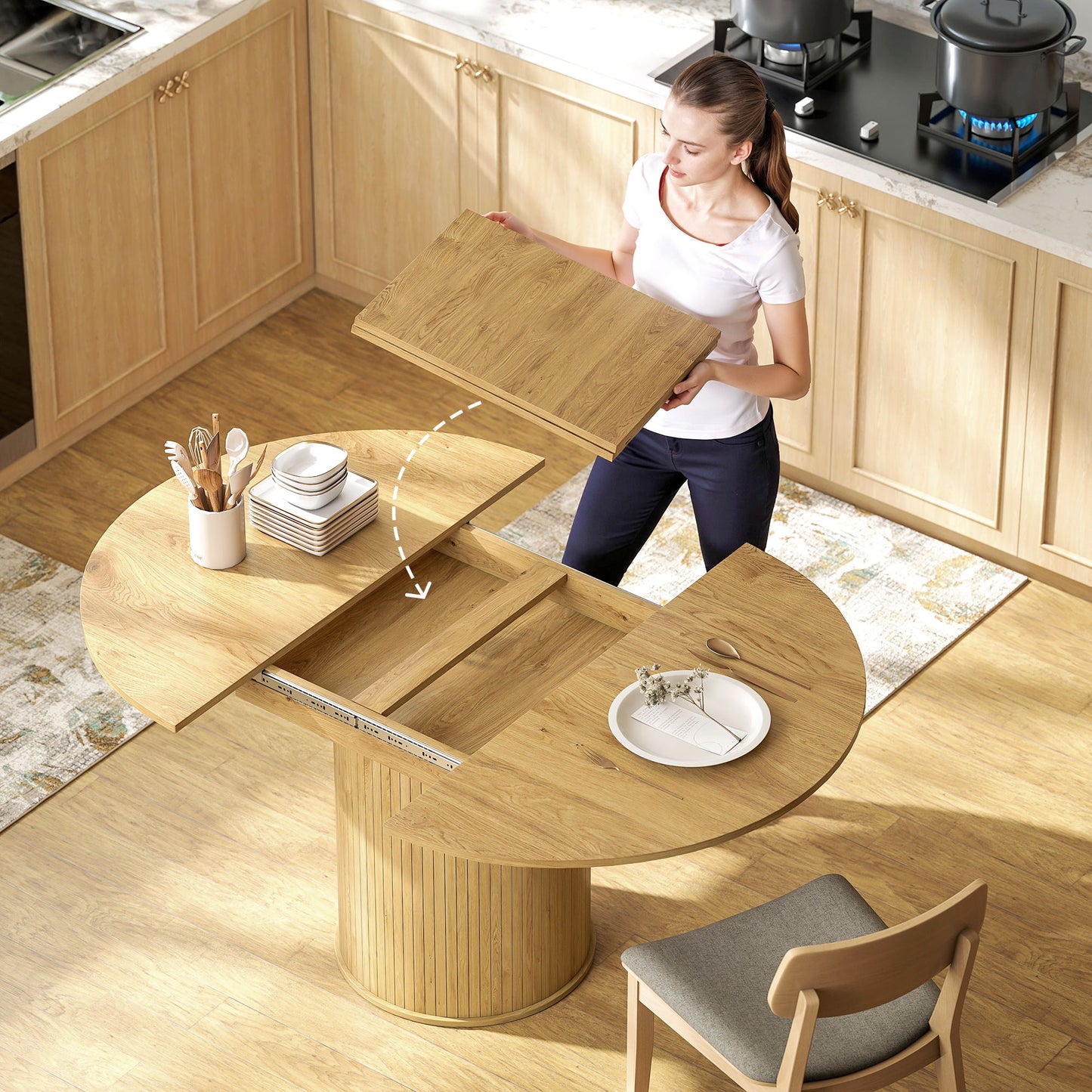 HOMCOM Extendable Kitchen Table for 6-8, 43.5"-59" Farmhouse Dining Table with Pedestal Base Natural Wood Finish