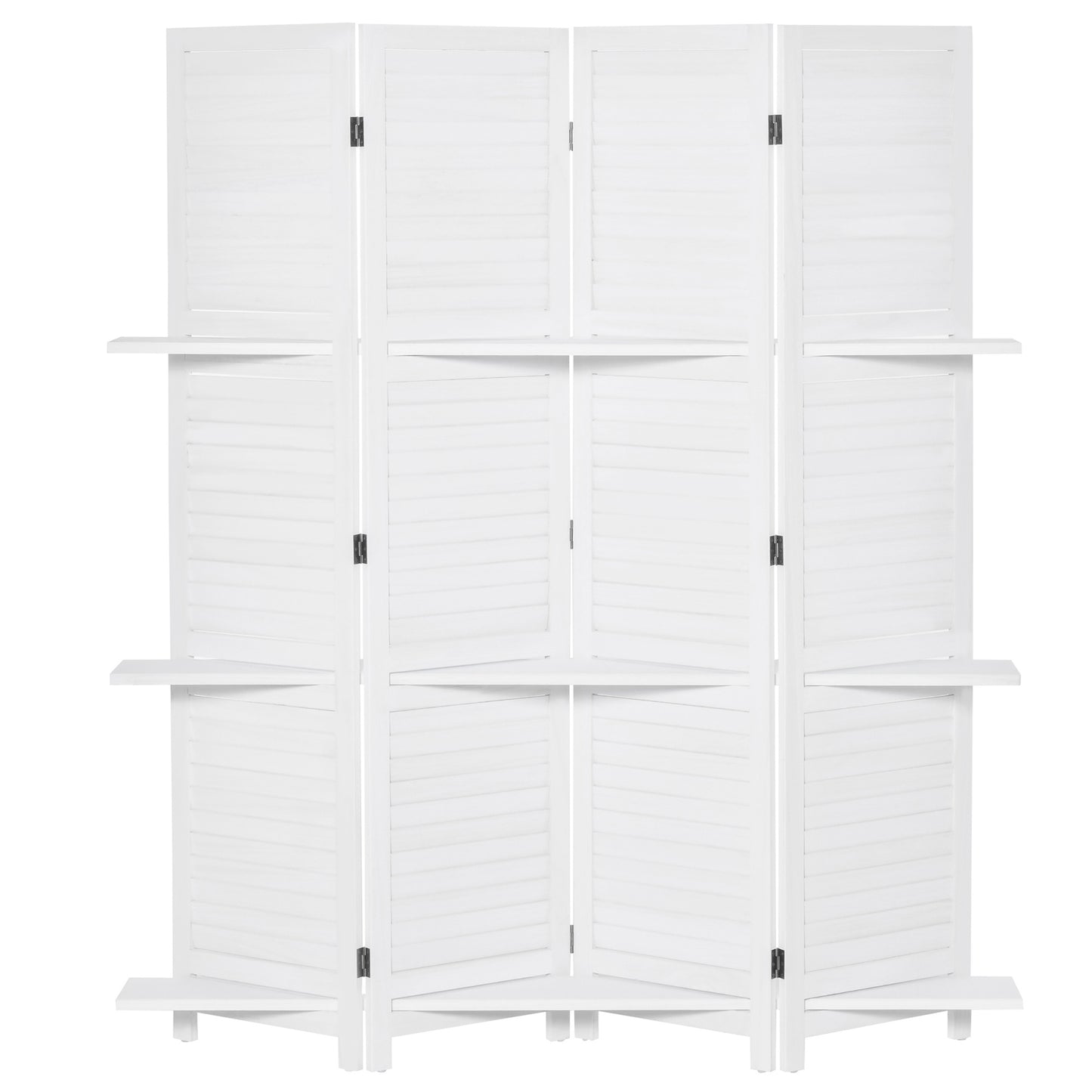 HOMCOM 4-Panel Wall Partition Room Separator with 3 Storage Shelves Foldable Design Wooden Frame 5.6FT White