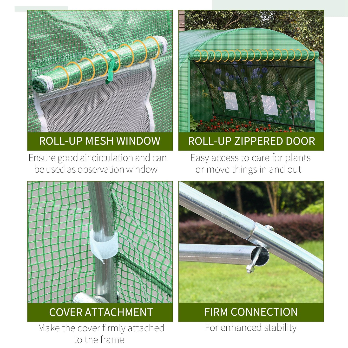Outsunny 13' x 10' x 6.6' Walk-in Polytunnel Greenhouse, Outdoor Garden Tunnel Greenhouse Tent with Zipped Roll-Up Door and 6 Mesh Windows, Green