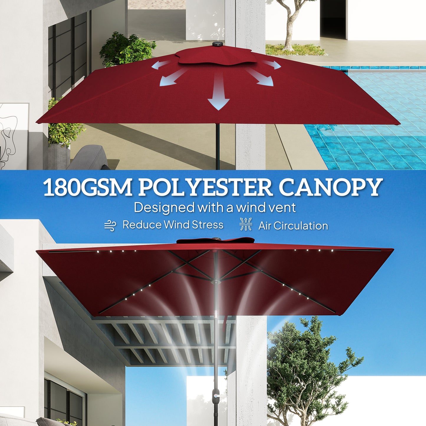 Outsunny 6' x 10' Patio Umbrella with 22 LED Solar Lights and Tilt, Rectangular Outdoor Table Umbrella with Crank, Beige