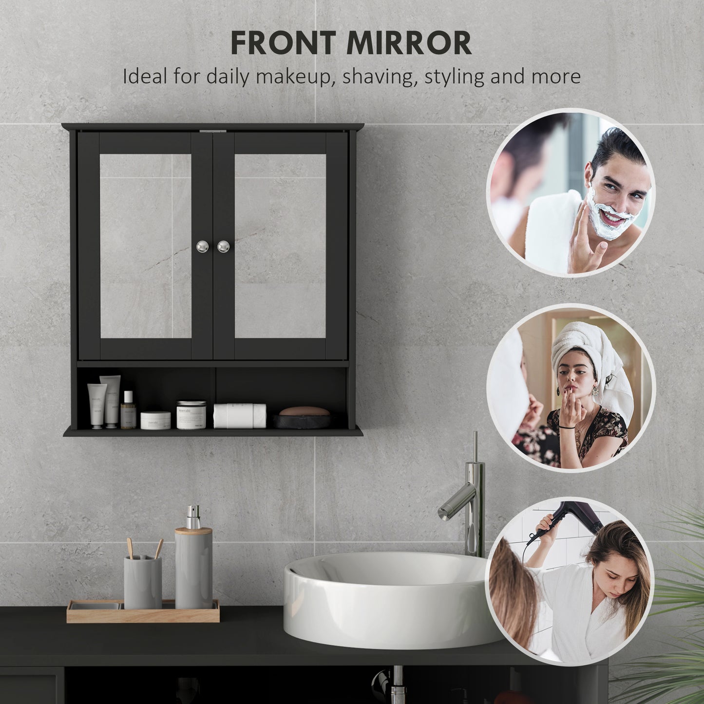 kleankin Medicine Cabinet, Wall-Mounted Bathroom Mirror Cabinet with Double Doors, Open Shelf, and Adjustable Shelf, Modern Bathroom Wall Cabinet, White