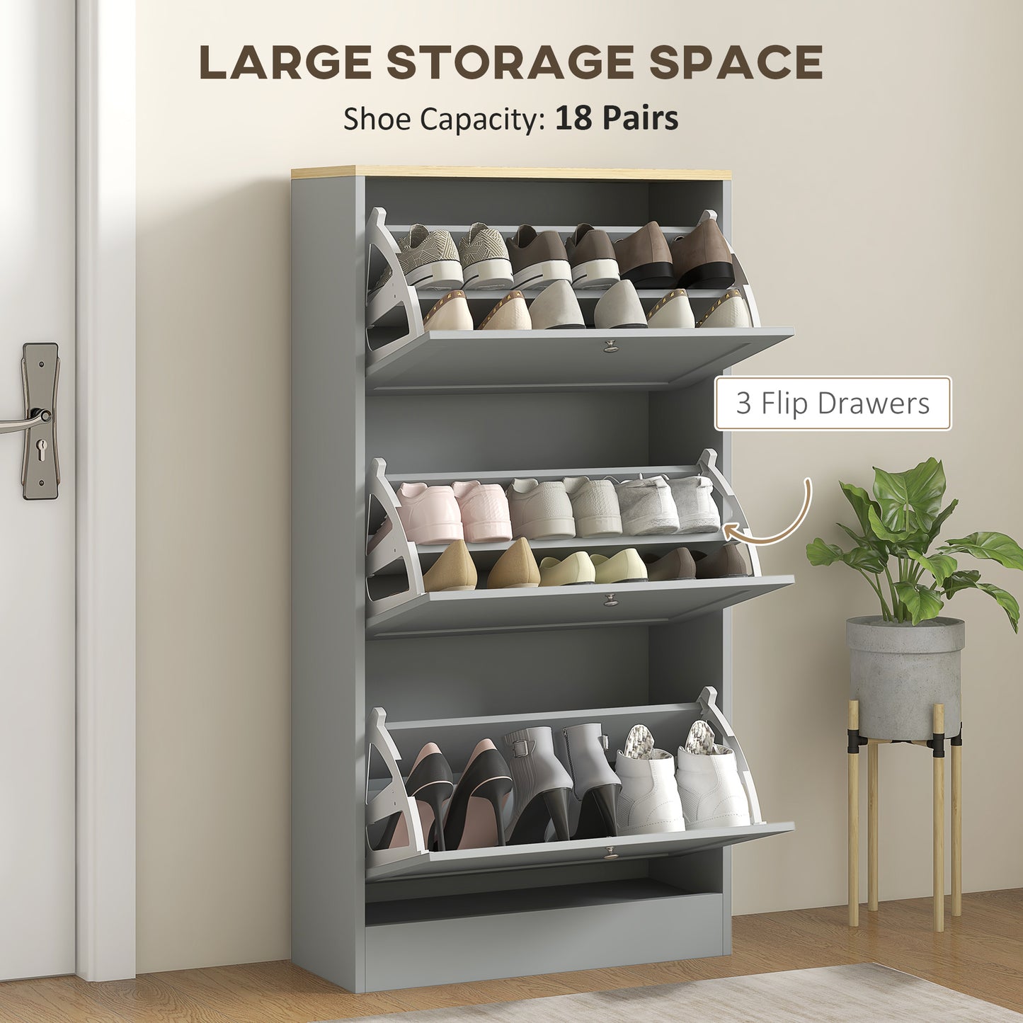 HOMCOM Modern Shoe Storage with 3 Flip Drawers and Adjustable Shelves, Shoe Cabinet Organizer for 18 Pairs of Shoes, White