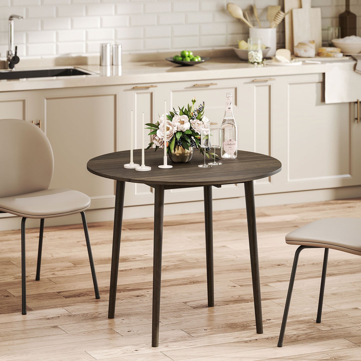 HOMCOM Folding Dining Table, Round Drop Leaf Kitchen Table for Small Spaces with Wood Legs, Distressed Grey