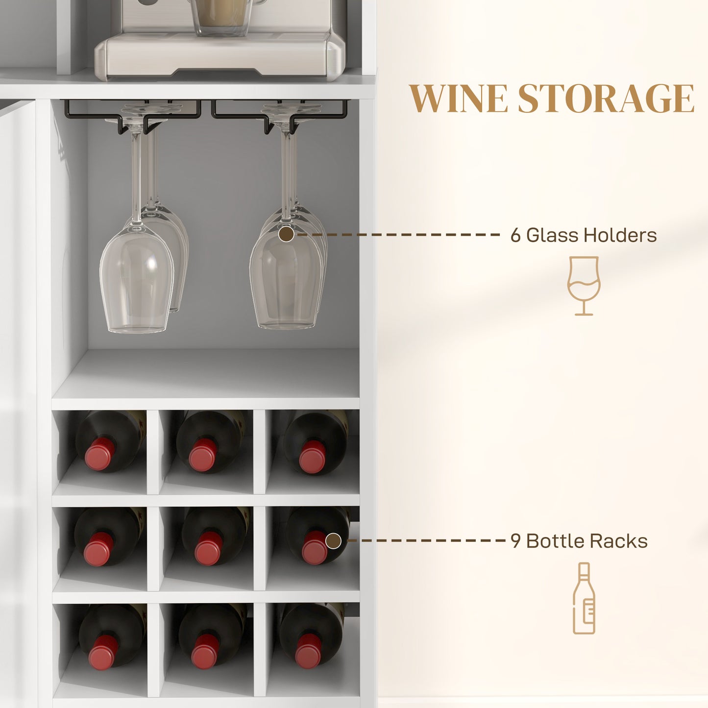 HOMCOM Coffee Bar Cabinet, Kitchen Hutch with Wine Storage, Microwave Countertop, Drawer and Tempered Glass Doors, White