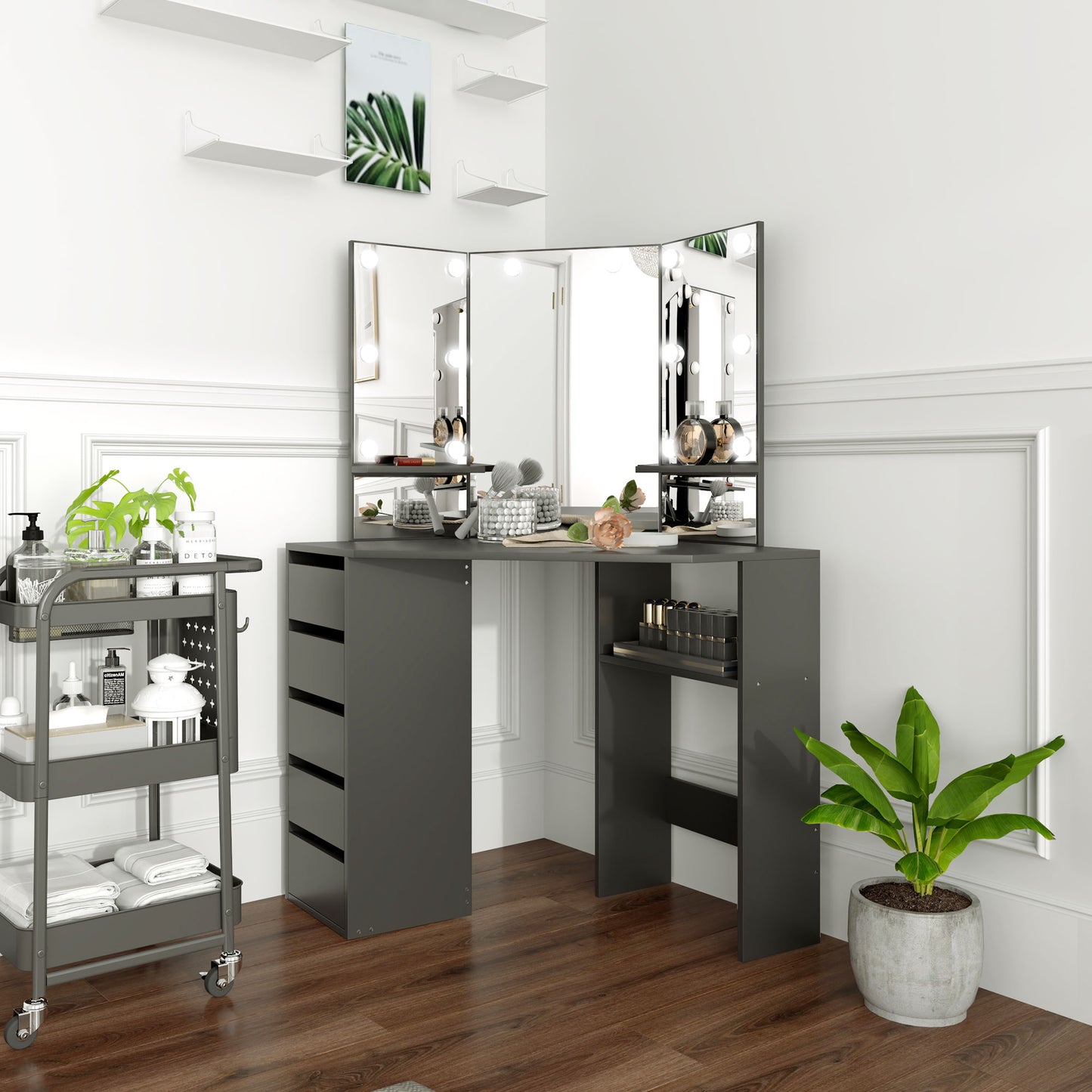 HOMCOM Makeup Vanity Desk with 3-Panel Mirror and 10 LED Lights, Dressing Table with 5 Drawers and Shelves for Bedroom, White