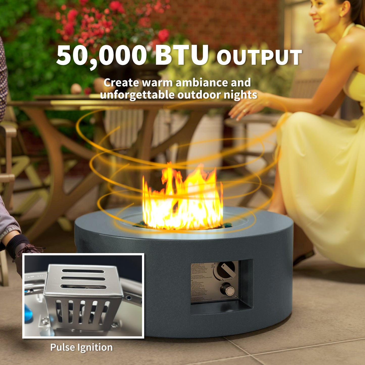 Outsunny 30" Round Propane Fire Pit Table 50,000 BTU Outdoor Gas Fire Table with Waterproof Cover, Decorative Glass Rocks, Tank Holder, Grey