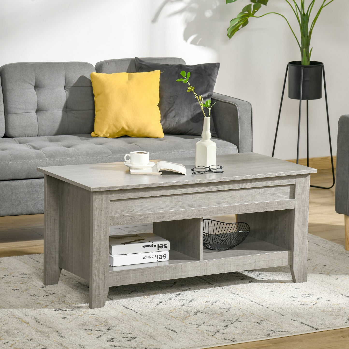 HOMCOM Lift Top Coffee Table with Hidden Storage Compartment and Open Shelves, Lift Tabletop Pop-Up Center Table for Living Room, White