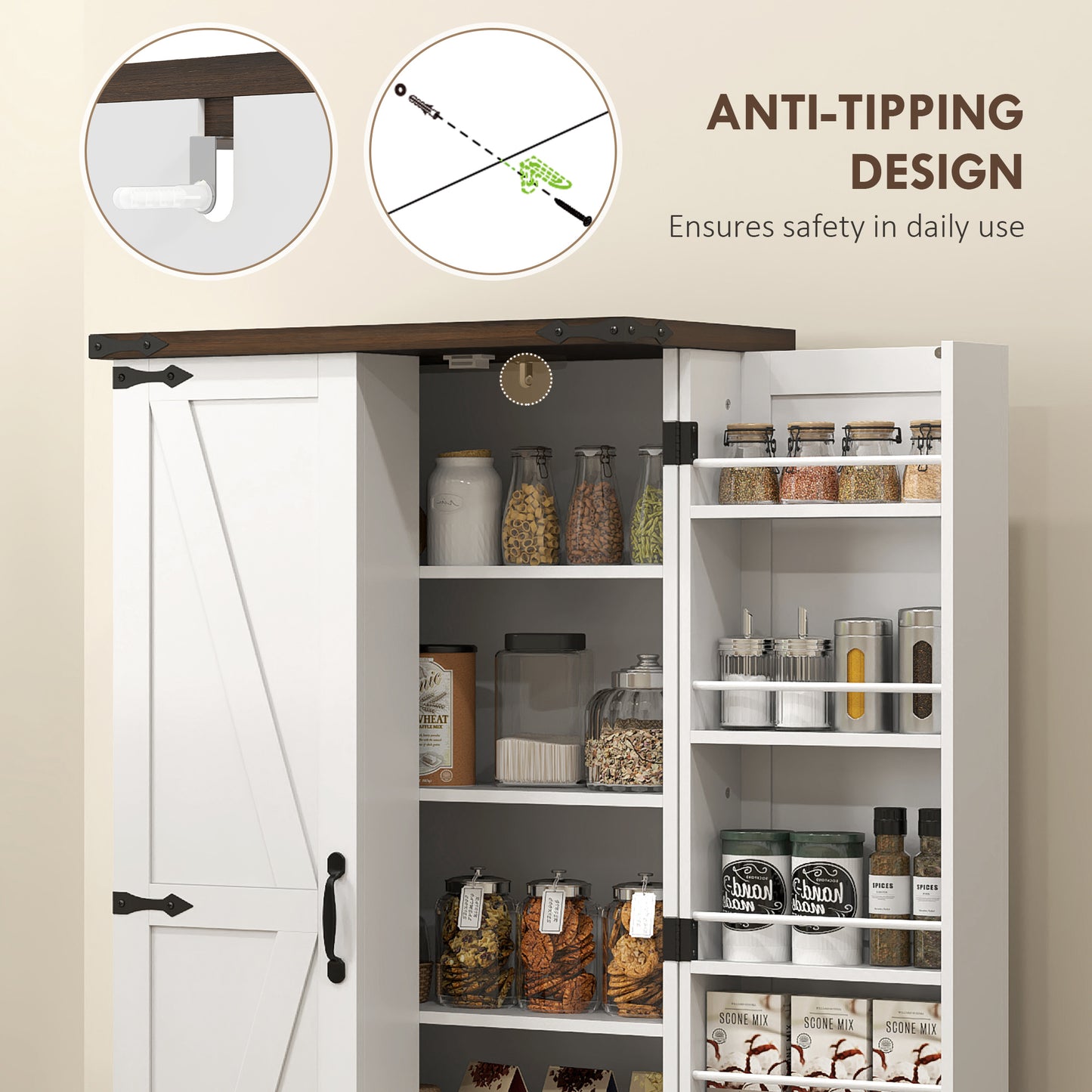 HOMCOM Farmhouse Kitchen Pantry Storage Cabinet, Kitchen Pantry Cabinet with Doors and Adjustable Shelves, White