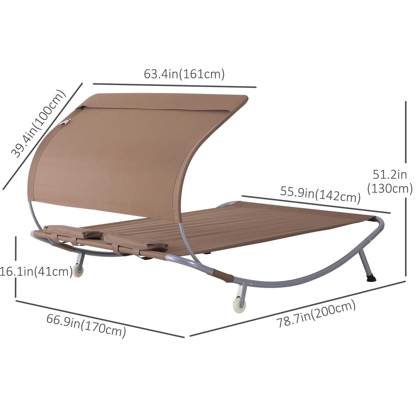 Outsunny 79" Outdoor Lounge Chair with Canopy, Double Chaise Lounger Hammock Bed w/ Pillow and Wheels, Brown