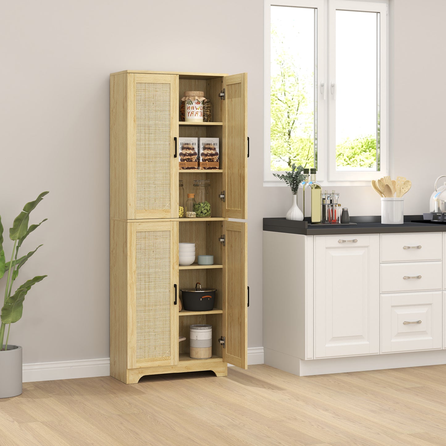 HOMCOM 67" Tall Kitchen Pantry, Freestanding Kitchen Storage Cabinet with 4 Rattan Doors and Adjustable Shelves, White