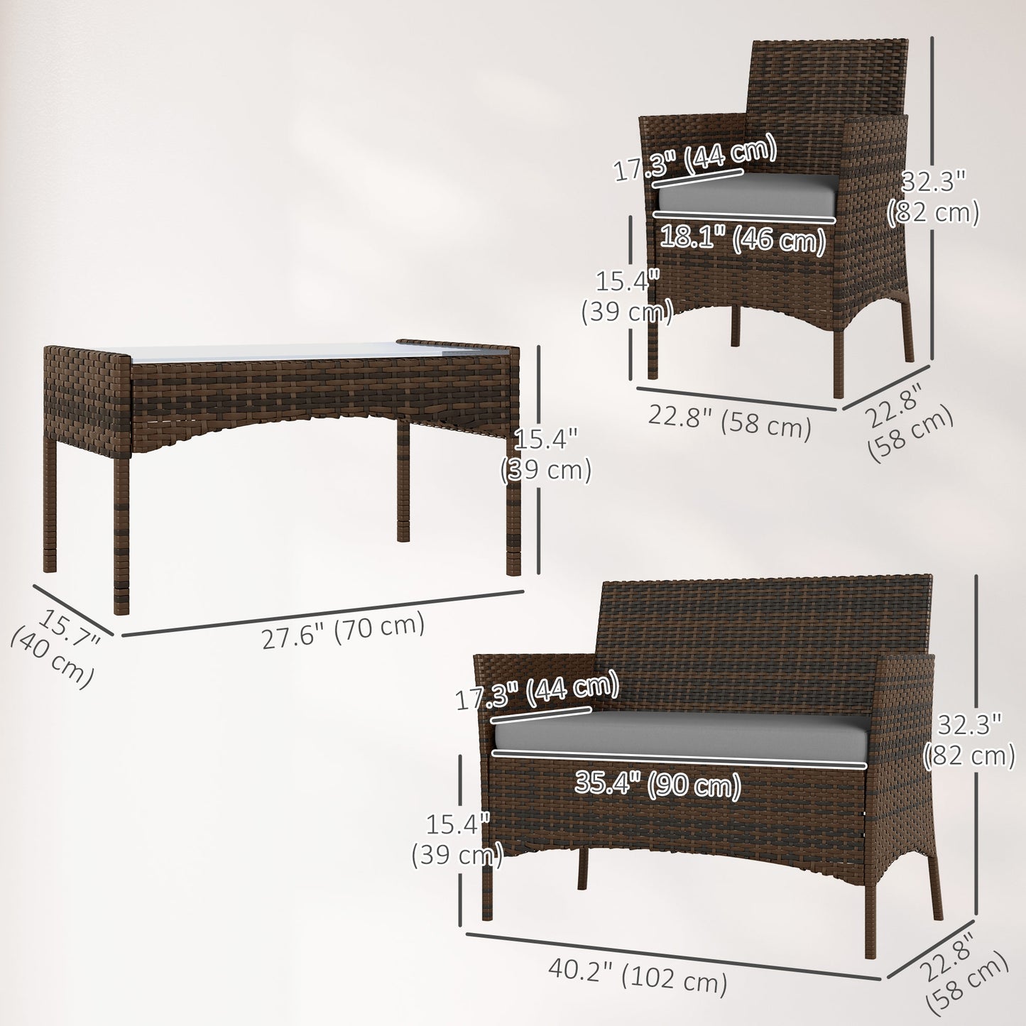 Outsunny 4 Pieces Wicker Outdoor Balcony Furniture Set Rattan Patio Furniture Set with Loveseat Chairs Glass Coffee Table Beige