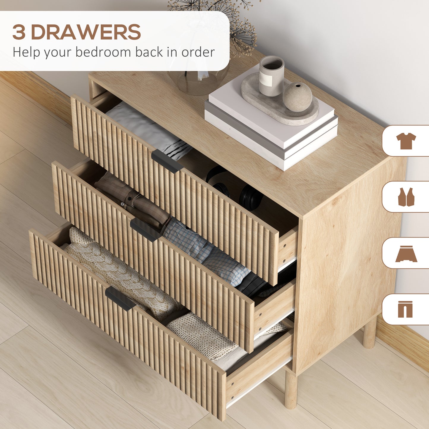 HOMCOM Bedroom Chest of Drawers, 3 Drawer Dresser with Fluted Panels and Solid Wood Legs, Storage Cabinet for Living Room, Oak