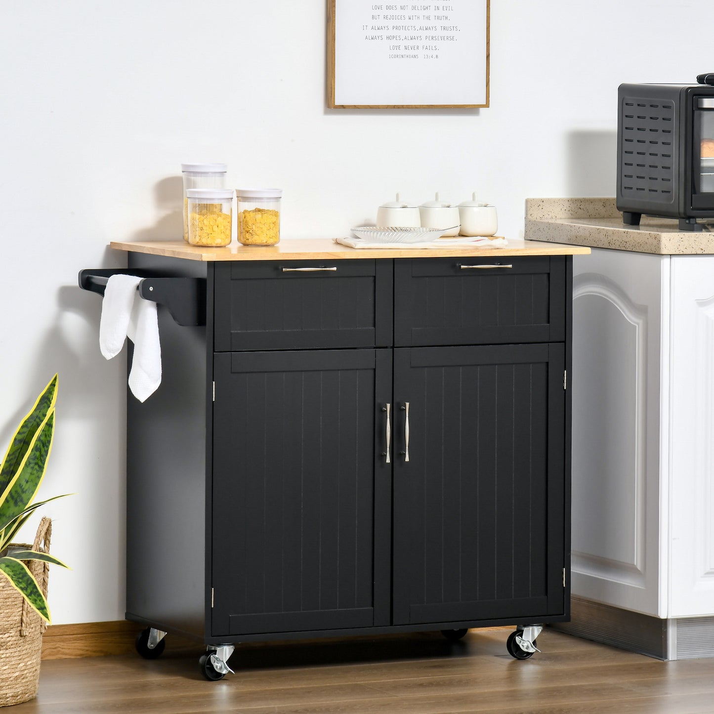 HOMCOM Rolling Kitchen Island with Storage Drawers, Kitchen Cart with Rubber Wood Top, Cabinet & Towel Rack, White