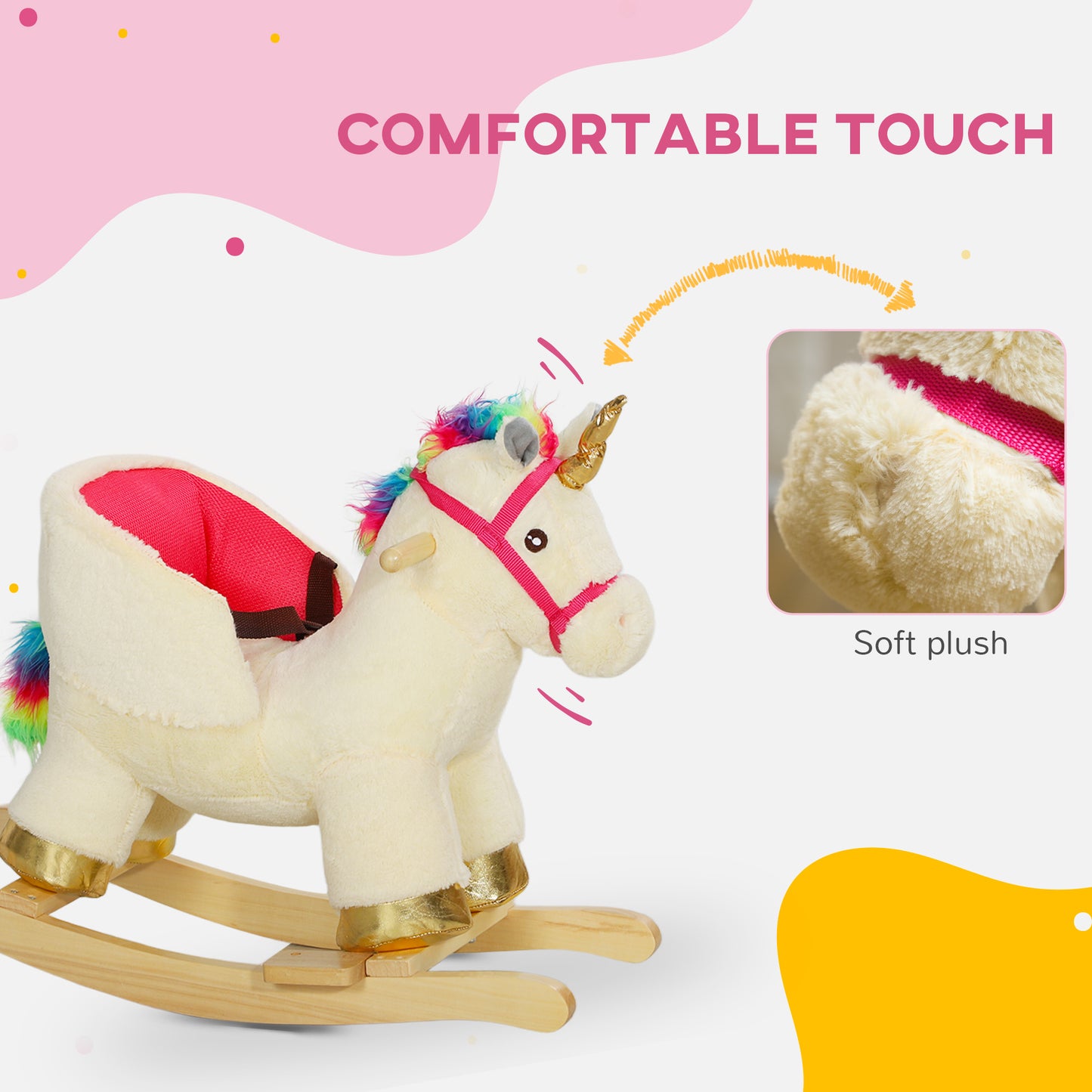 Qaba Rocking Horse Unicorn with Sound, Safety Belt, Wooden Base, for 18-36 Months