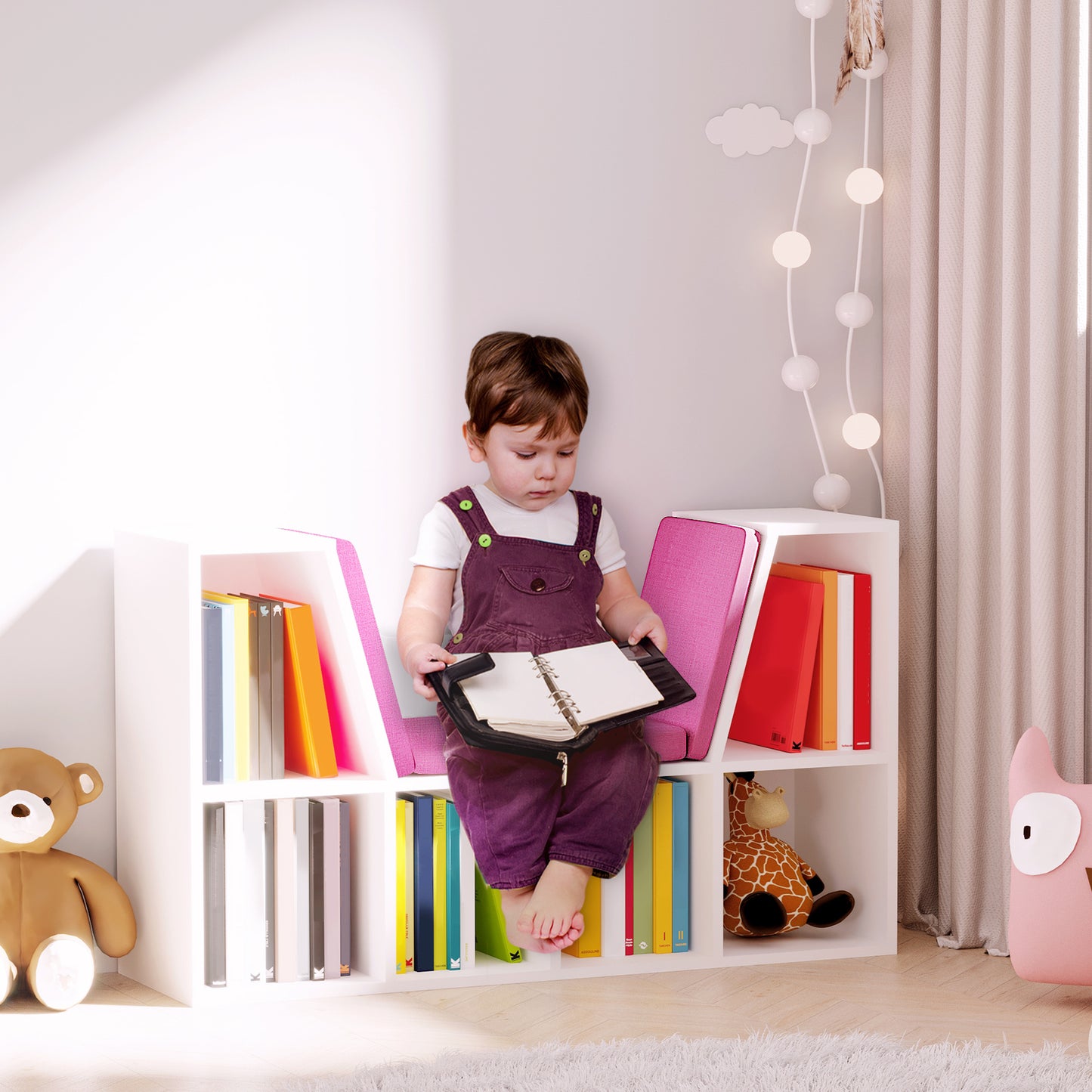 HOMCOM 6-Cubby Bookcase with Seat Cushion, Cube Storage Shelf with Reading Nook for Home Office, Study, Pink