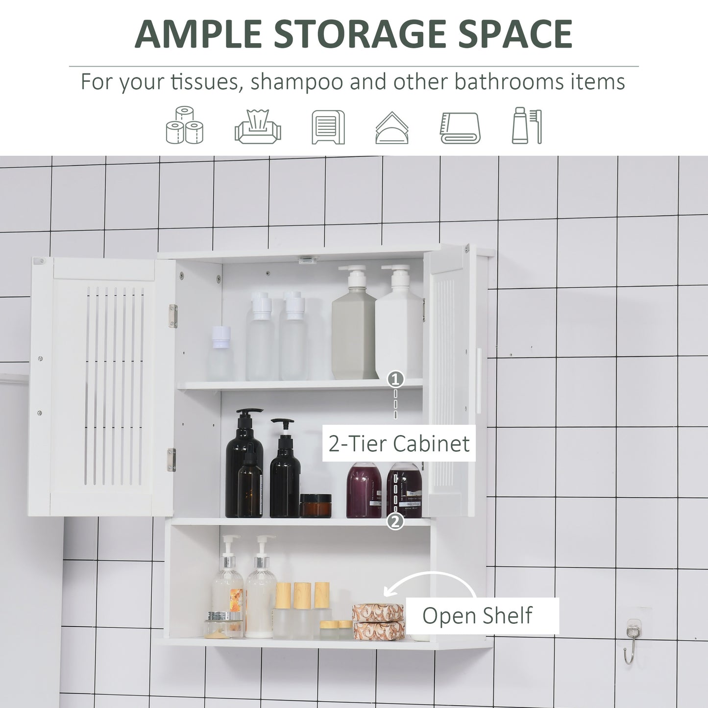 kleankin Modern Wall Mount Bathroom Cabinet, Storage Organizer with 2 Door Cabinet and Open Shelf, White