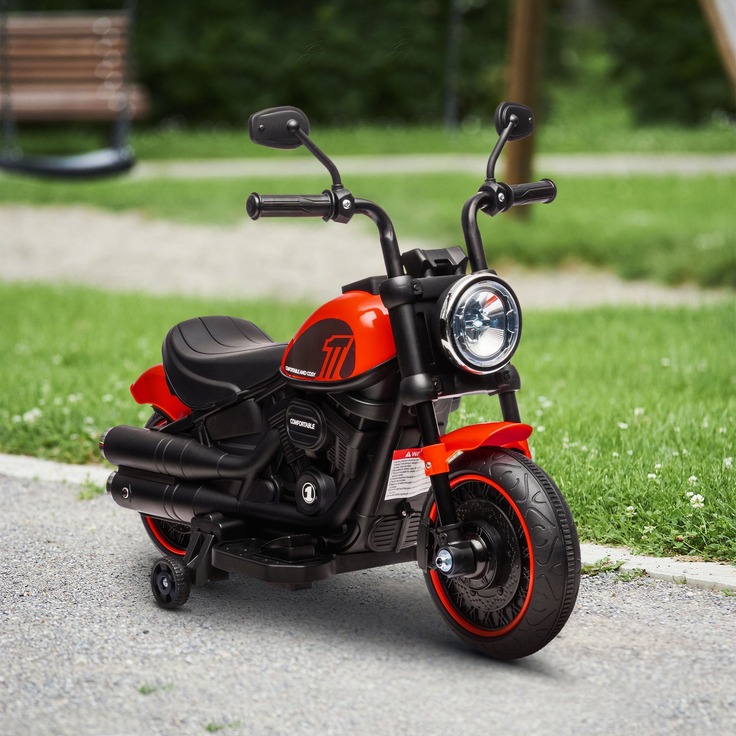 Aosom 6V Kids Motorcycle with Training Wheels, Foot Pedal, Headlight, Music, Forward/Reverse, Single-Button Start, Red
