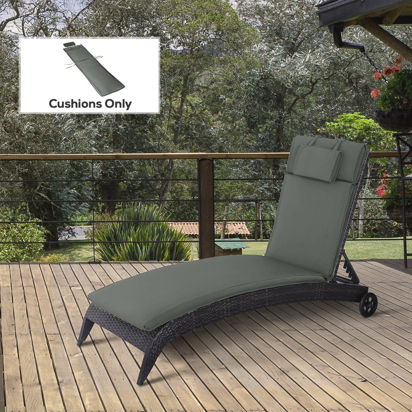 Outsunny Garden Lounger Chair Cushion Replacement, Deep Seat Patio Cushions with Thick Padded, Headrest, Removable Cover, Grey