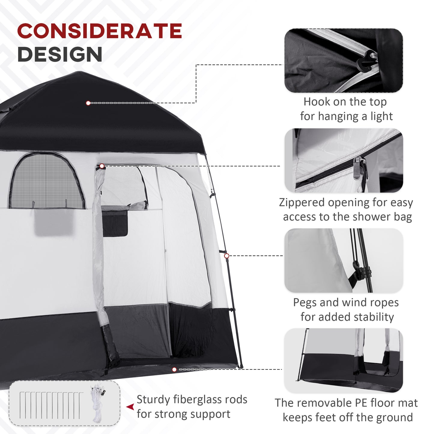 Outsunny Outdoor Portable Pop Up Shower Tent Changing Tent Privacy Enclosure with 2 Rooms, Shower Bag, Floor for Camping, Black