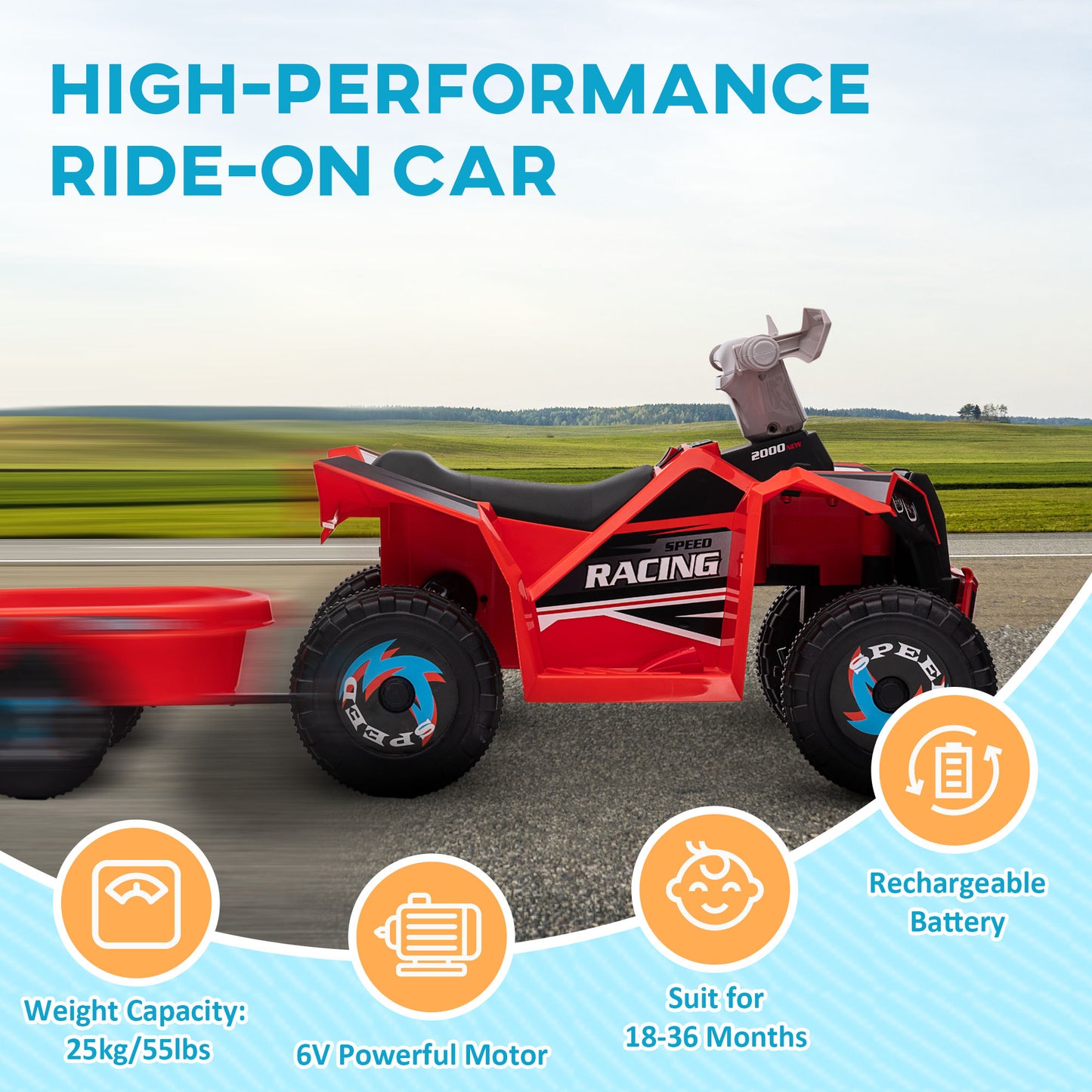 Aosom 6V Kids ATV Quad, Battery Powered Electric Vehicle for Kids with Back Trailer, Wear-resistant Wheels, for Boys and Girls - Blue