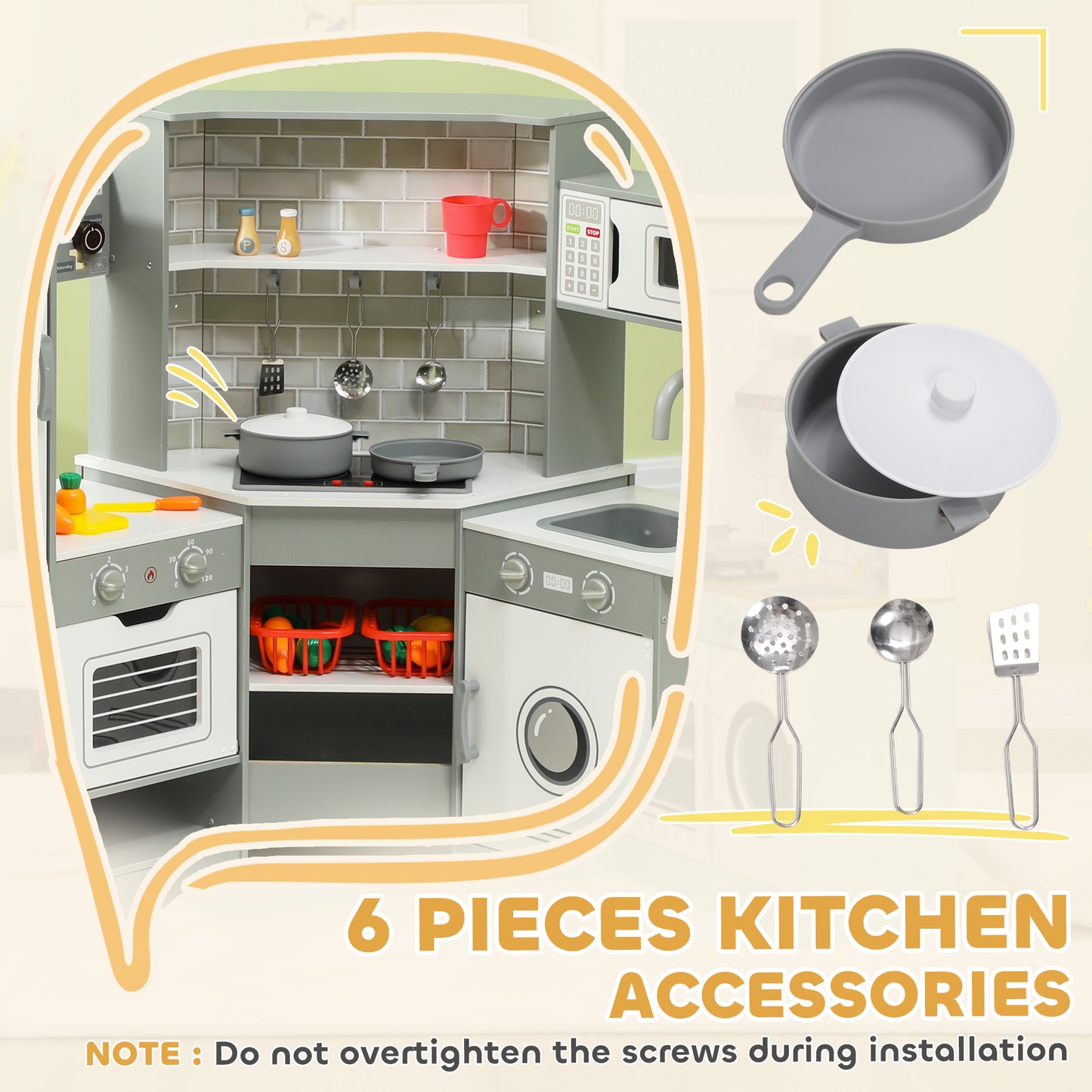 Qaba Corner Play Kitchen, Pretend Play Kitchen Set with Lights & Sounds, Stove Ice Maker Microwave Oven