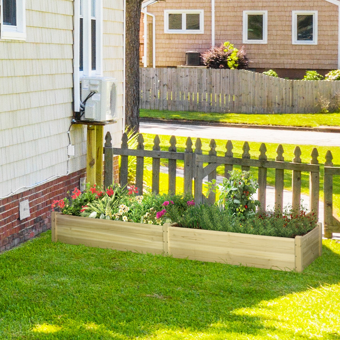 Outsunny 96" x 24" x 10" Wooden Raised Garden Bed with 2 Planter Box and Non-woven Fabric Liner for Backyard, Patio to Grow Vegetables, Herbs, and Flowers, Natural