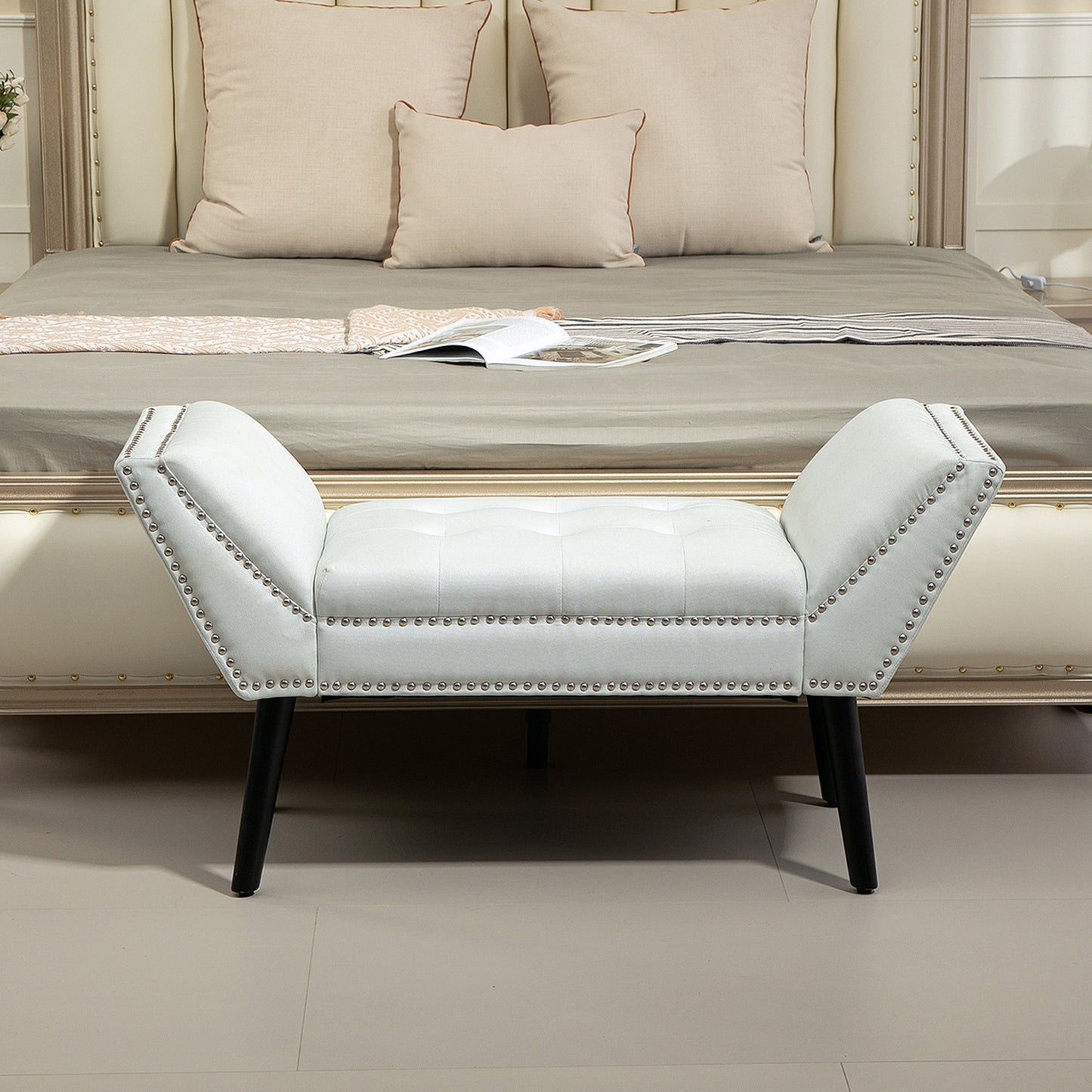 HOMCOM Modern Upholstered Bench, End of Bed Bench for Bedroom, Hallway Bench with Arms and Nailhead Trim