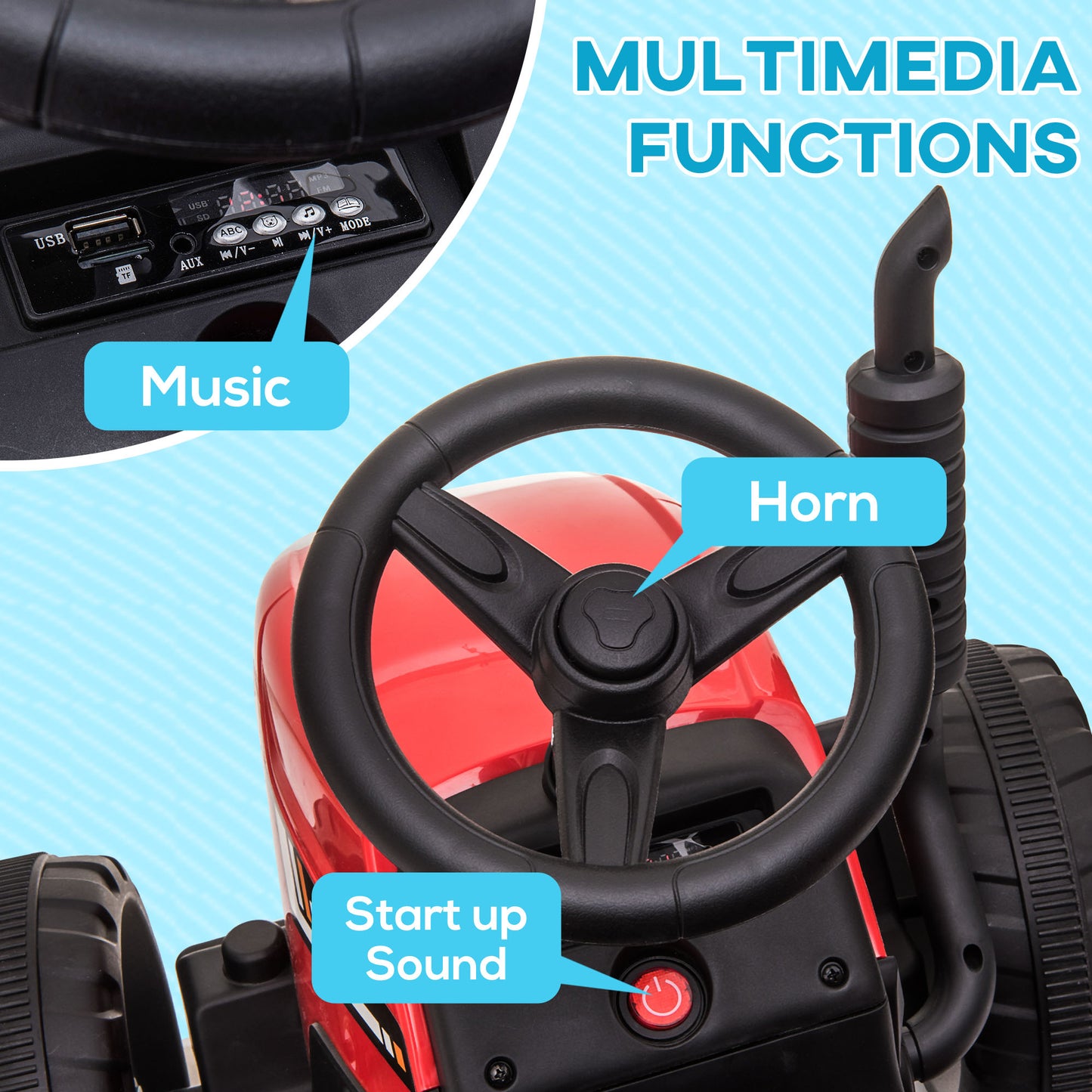 Aosom 12V Kids Ride on Tractor with Trailer, Remote Control, Music Start up Sound and Horn, USB, LED Lights, Red