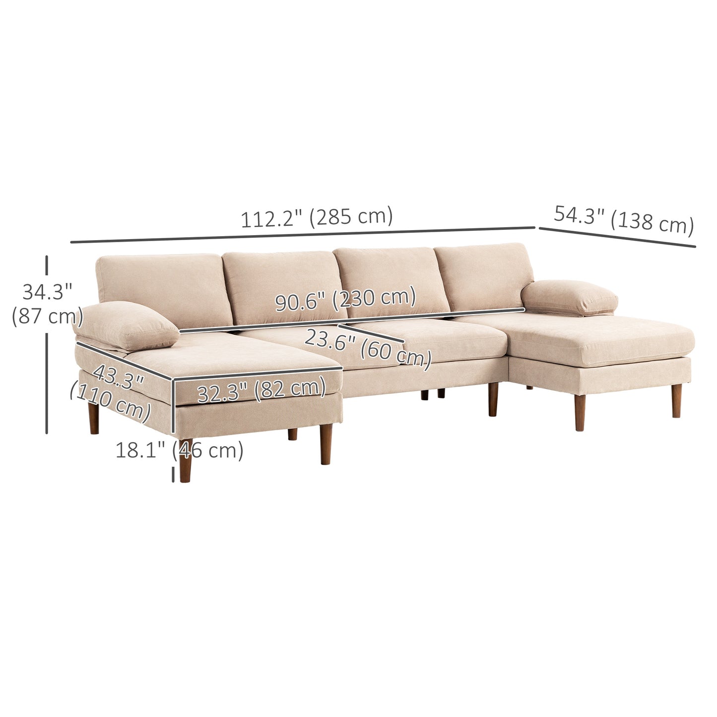 HOMCOM U Shape Couch with Double Chaise Lounge, Modern 4 Seater Sofa with Wooden Legs, Fabric Sofa for Living Room, Dark Grey