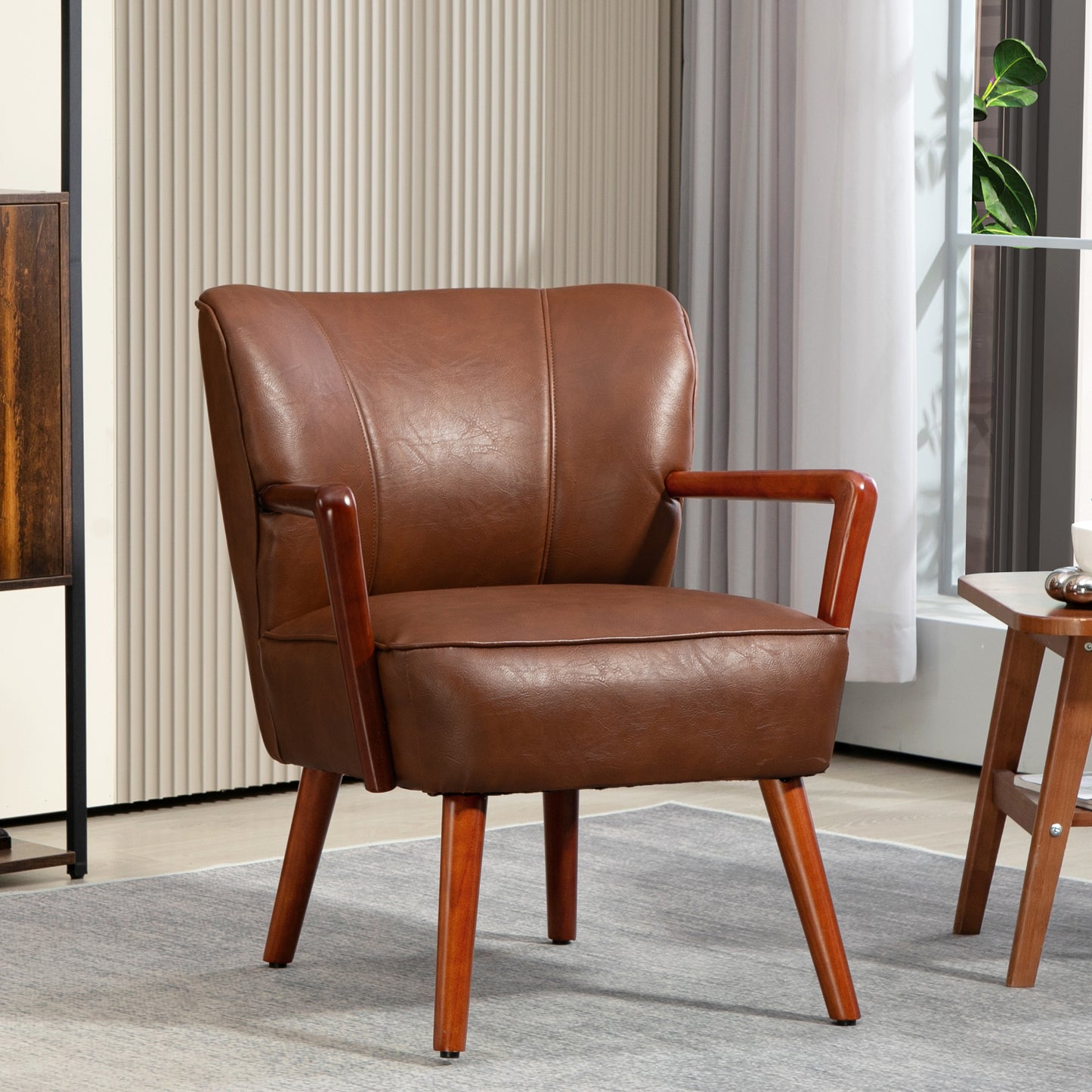 HOMCOM Accent Chair, Modern Armchair, Faux Leather Upholstered Living Room Chair with Wood Legs and Wide Padded Seat, Blue