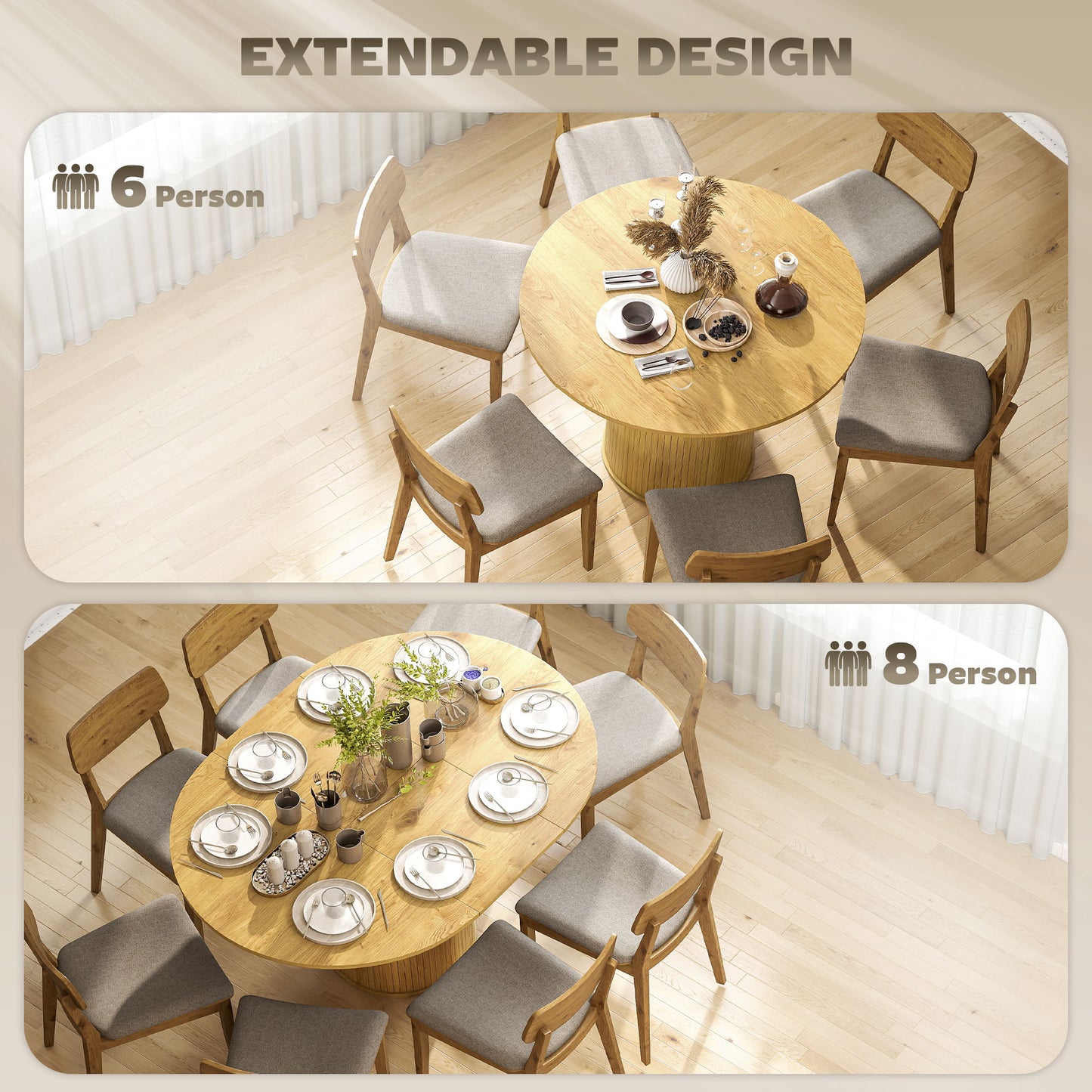 HOMCOM Extendable Kitchen Table for 6-8, 43.5"-59" Farmhouse Dining Table with Pedestal Base Natural Wood Finish