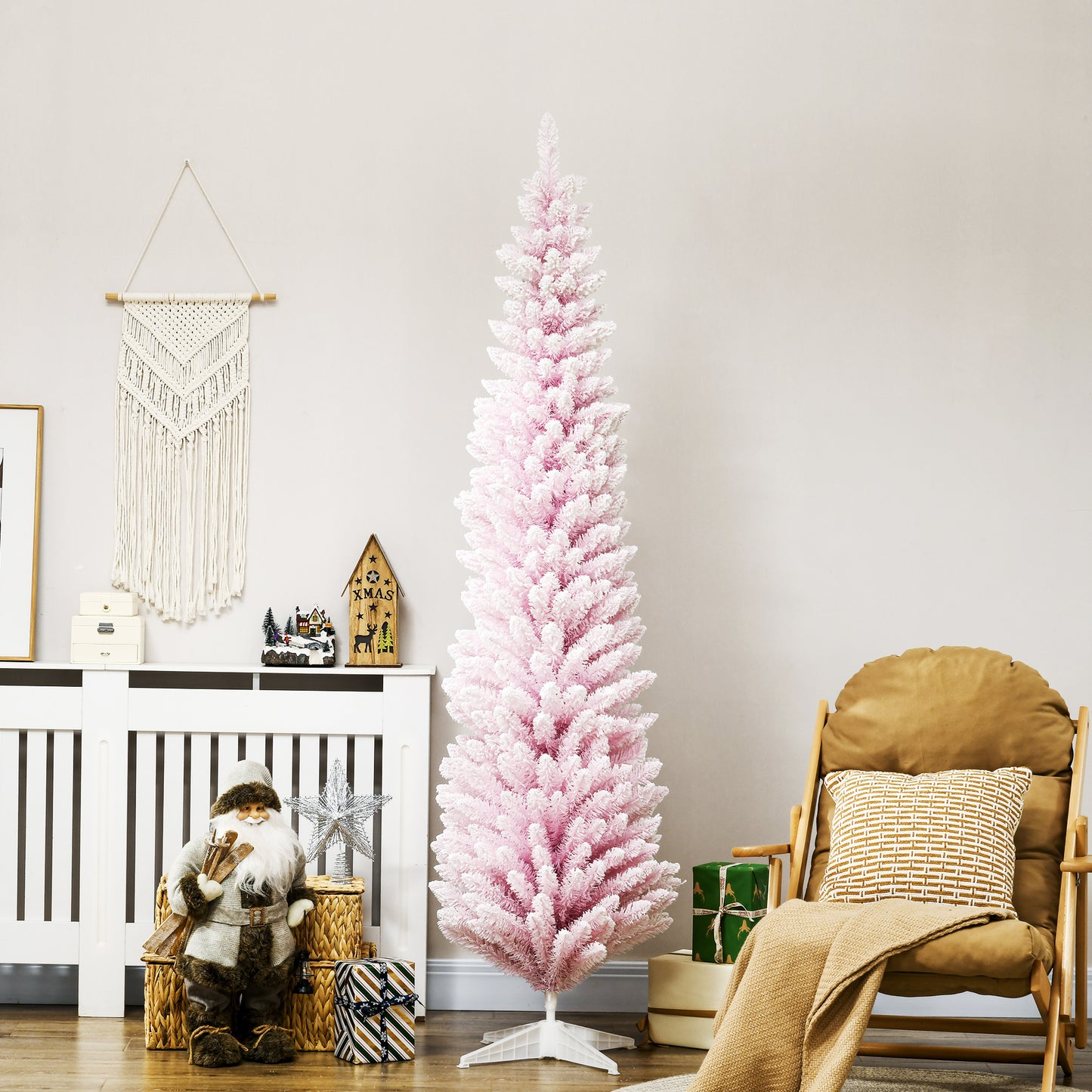 HOMCOM 6ft Flocked Christmas Tree, Pencil Artificial Christmas Tree with Realistic Branches, Pink