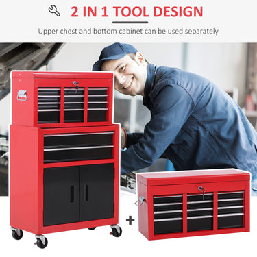 HOMCOM 6-Drawer Rolling Tool Chest, 2 in 1 Lockable Storage Cabinet with Hooks, Metal Tool Box for Garage, Workshop, Red