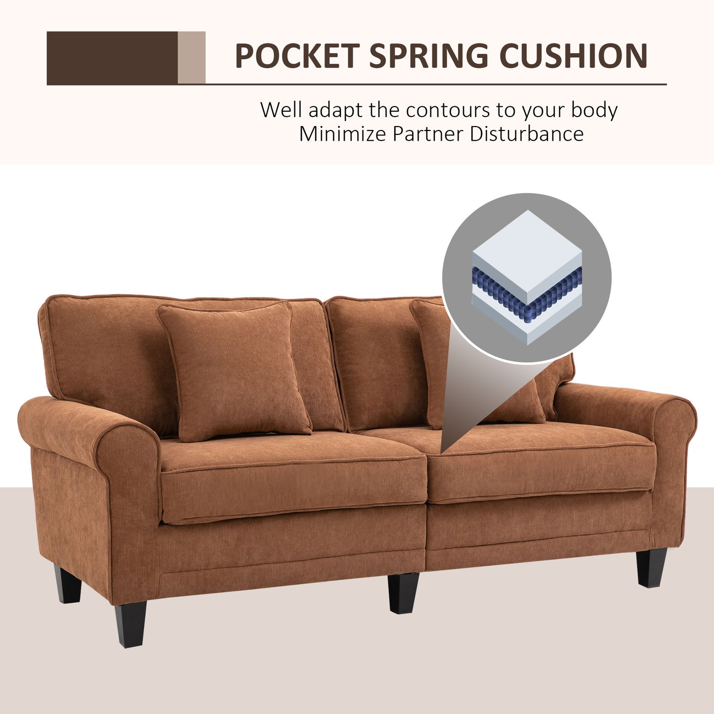 HOMCOM Modern 3 Seater Sofa, Corduroy Fabric 3 Seater Couch with Pine Wood Legs and Rolled Armrests for Living Room, Light Grey