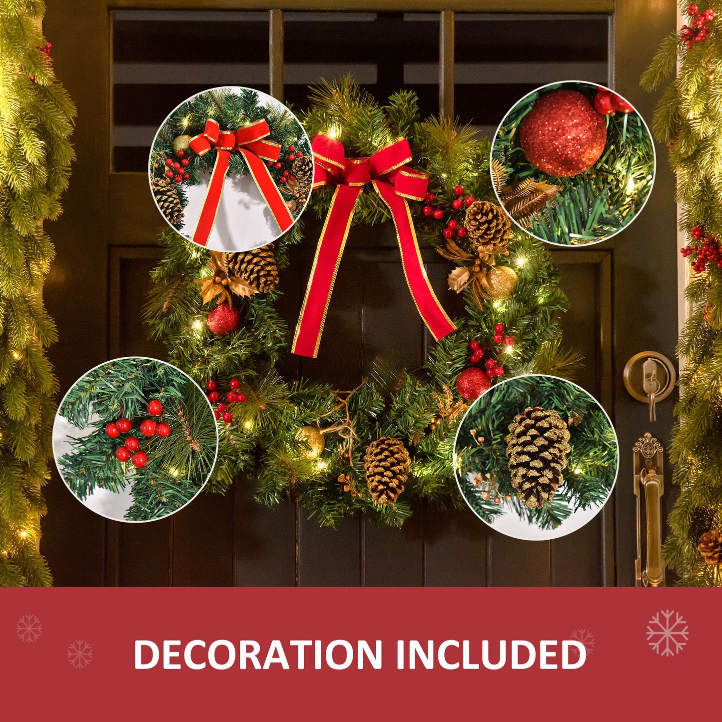 HOMCOM Christmas Wreath 24" Pre-Lit Artificial Greenery Xmas Spruce Wreath Cones Red Berries 20 LED Lights Battery Operated