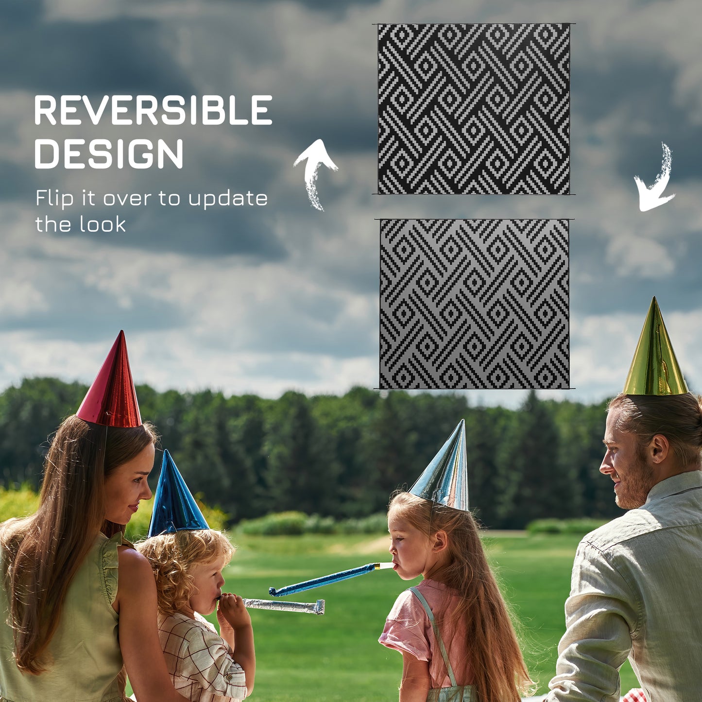 Outsunny Reversible Outdoor Rug Waterproof Plastic Straw RV Rug with Carry Bag, 9' x 12', Black and Grey Geometric