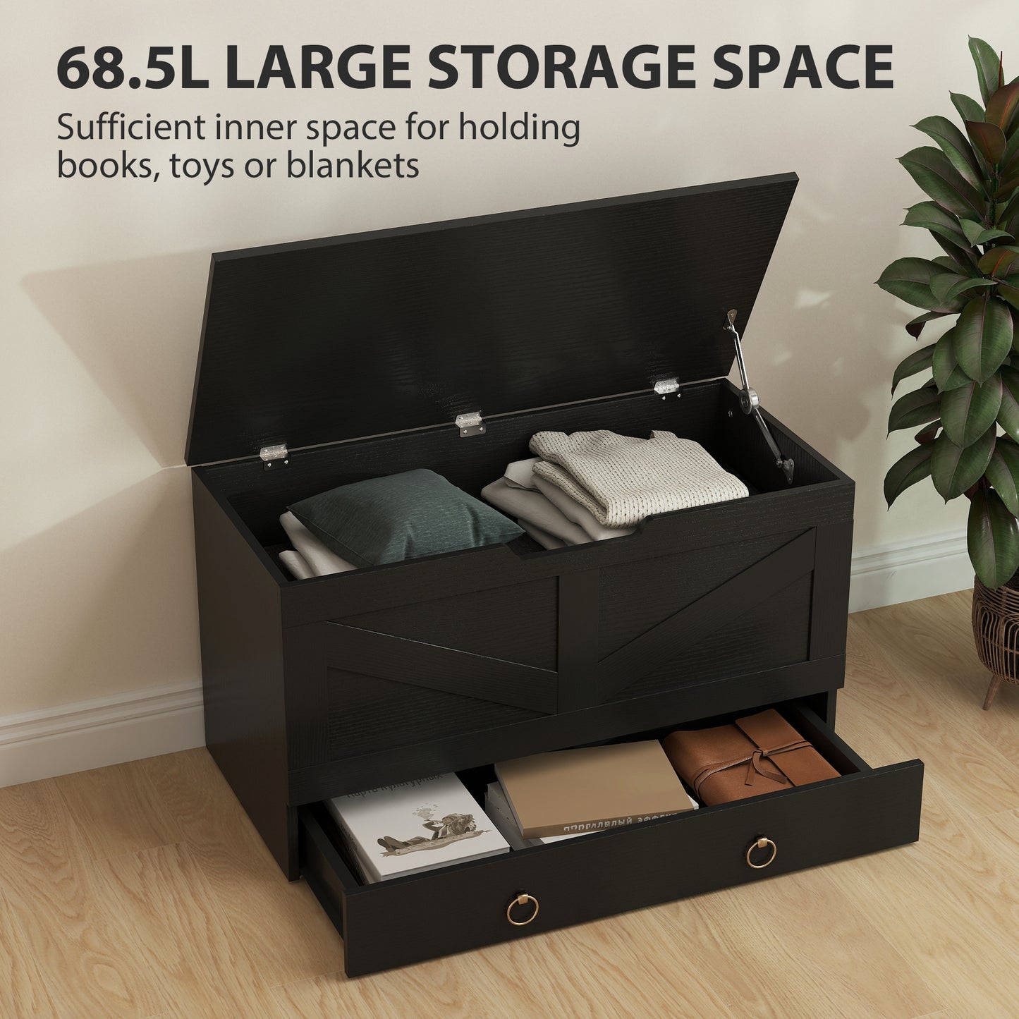HOMCOM 31.5 Inches Storage Chest, Storage Trunk with 2 Safety Hinges, Wooden Box for Living Room, Black Wood Grain