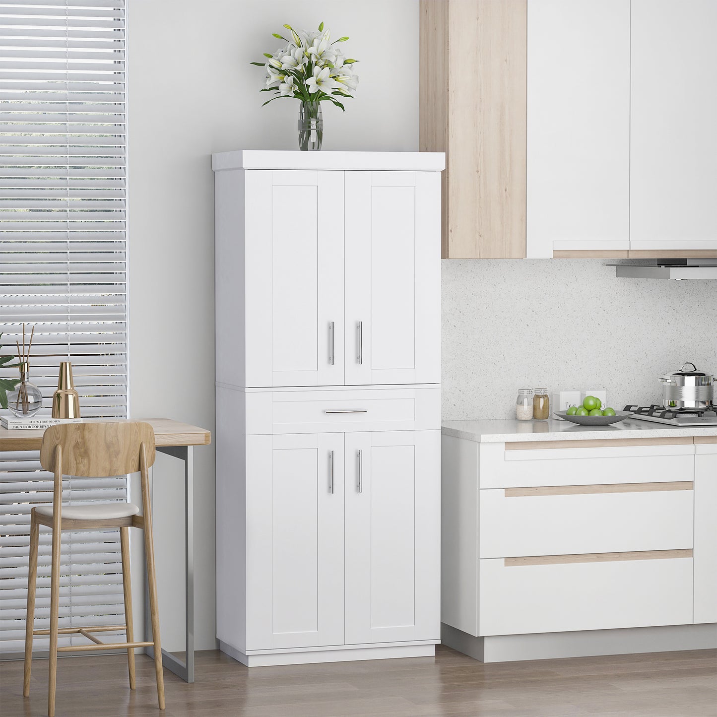 HOMCOM 72" Storage Cabinet, Freestanding Kitchen Pantry Cabinet with 4 Doors, Drawer and 3 Adjustable Shelves, White