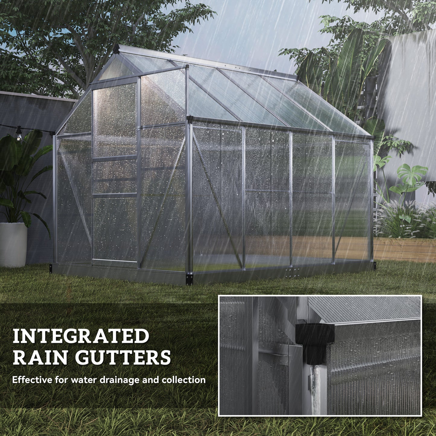 Outsunny 6' x 10' x 6.6' Polycarbonate Greenhouse, Walk-In Green House Kit Garden, Plants Grow, Galvanized Sheet Aluminum Frame with Rain Gutter, Vents and Sliding Door, Green