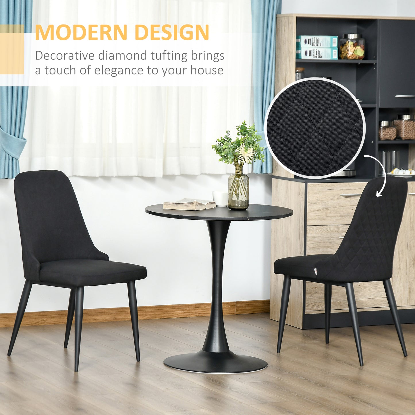 HOMCOM Modern Dining Chair Set of 2, Fabric Upholstered Side Chairs for Kitchen Living Room with Metal Legs, Black