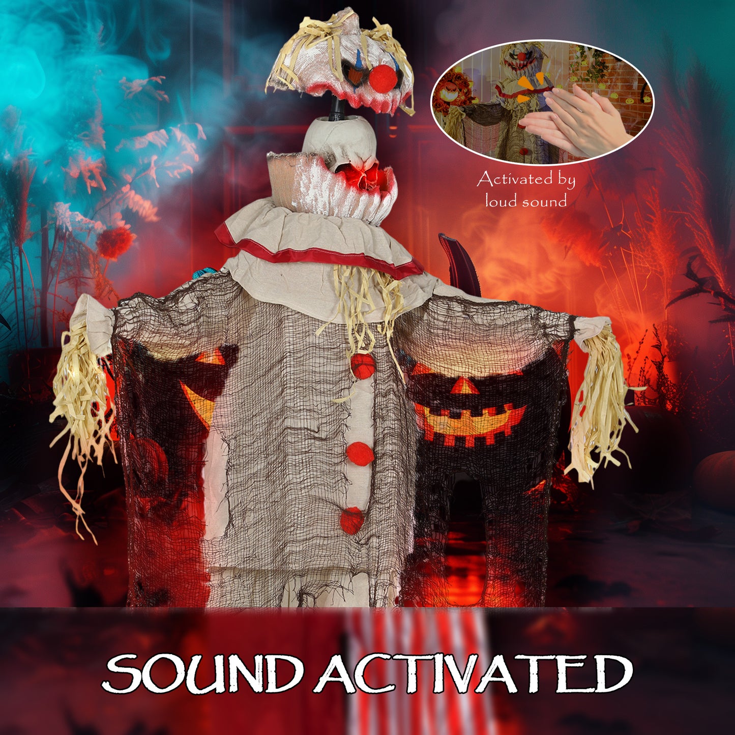 Outsunny 68" Life Size Halloween Animated Pumpkin Clown with Glowing LED Eyes, Battery Operated, Indoor Party Props