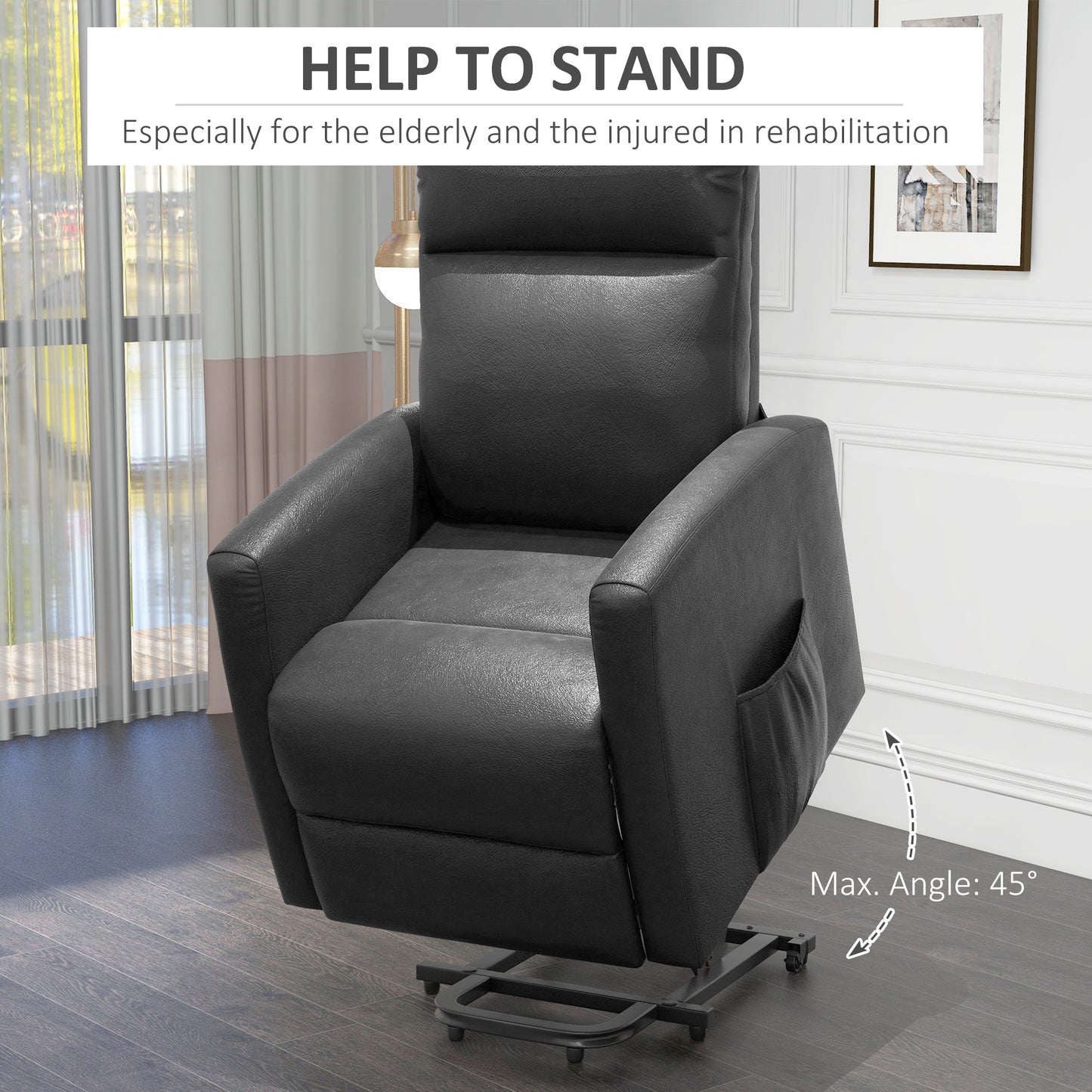 HOMCOM Power Lift Recliner Chair with Remote Control Side Pocket for Living Room Home Office Study Black