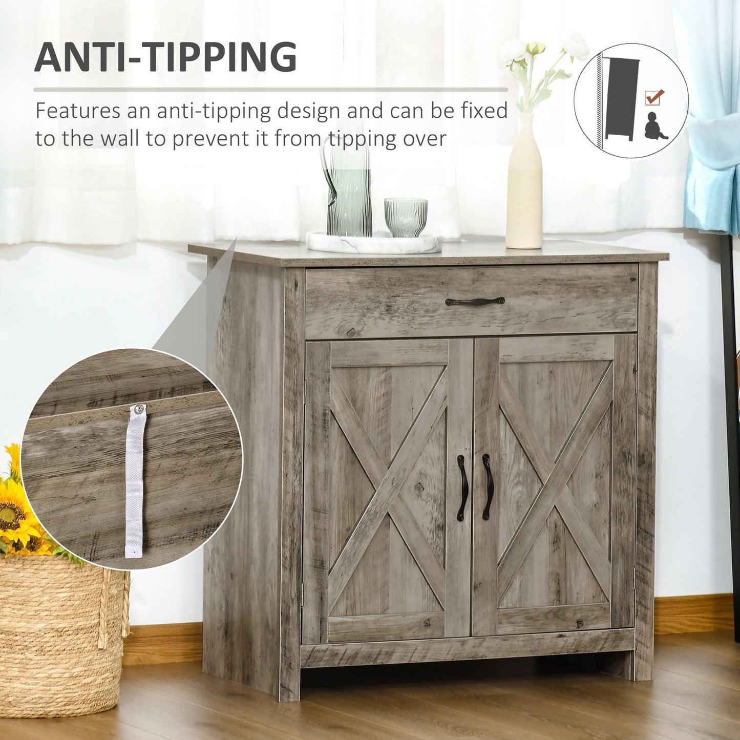 HOMCOM Farmhouse Sideboard Buffet Cabinet, Storage Cabinet with Barn Doors, Distressed Brown