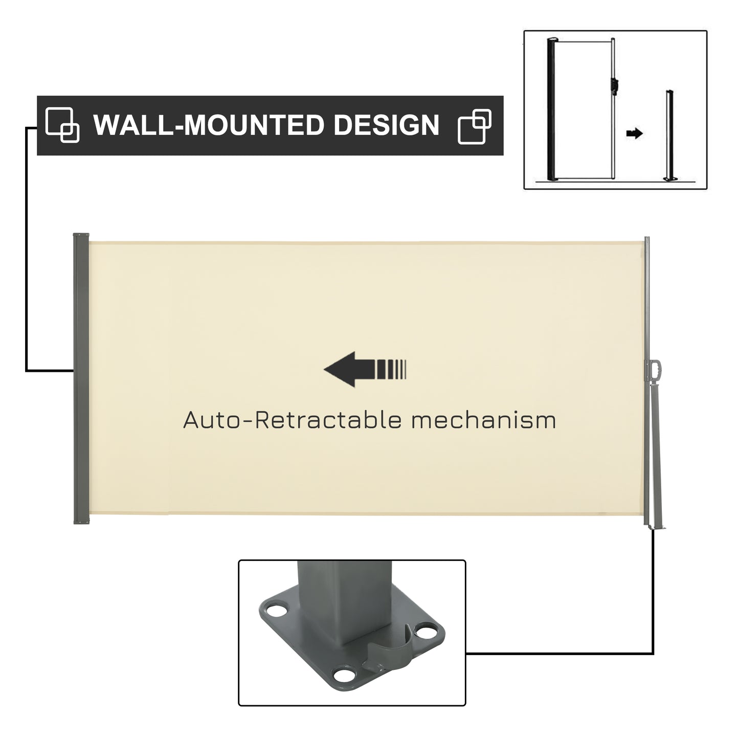 Outsunny 118" x 63" Retractable Side Awning Patio Outdoor Folding Privacy Screen with Resistance to UV Rays & Wind, Grey