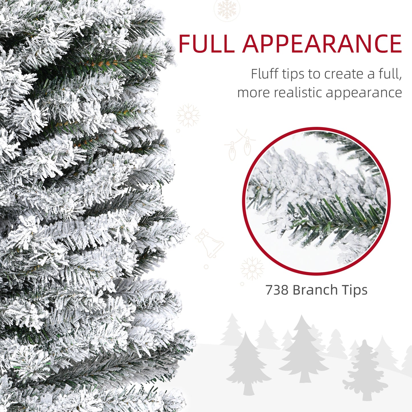 HOMCOM 7.5ft Flocked Christmas Tree, Pencil Christmas Tree with Realistic Branch Tips, Folding Metal Stand, Green