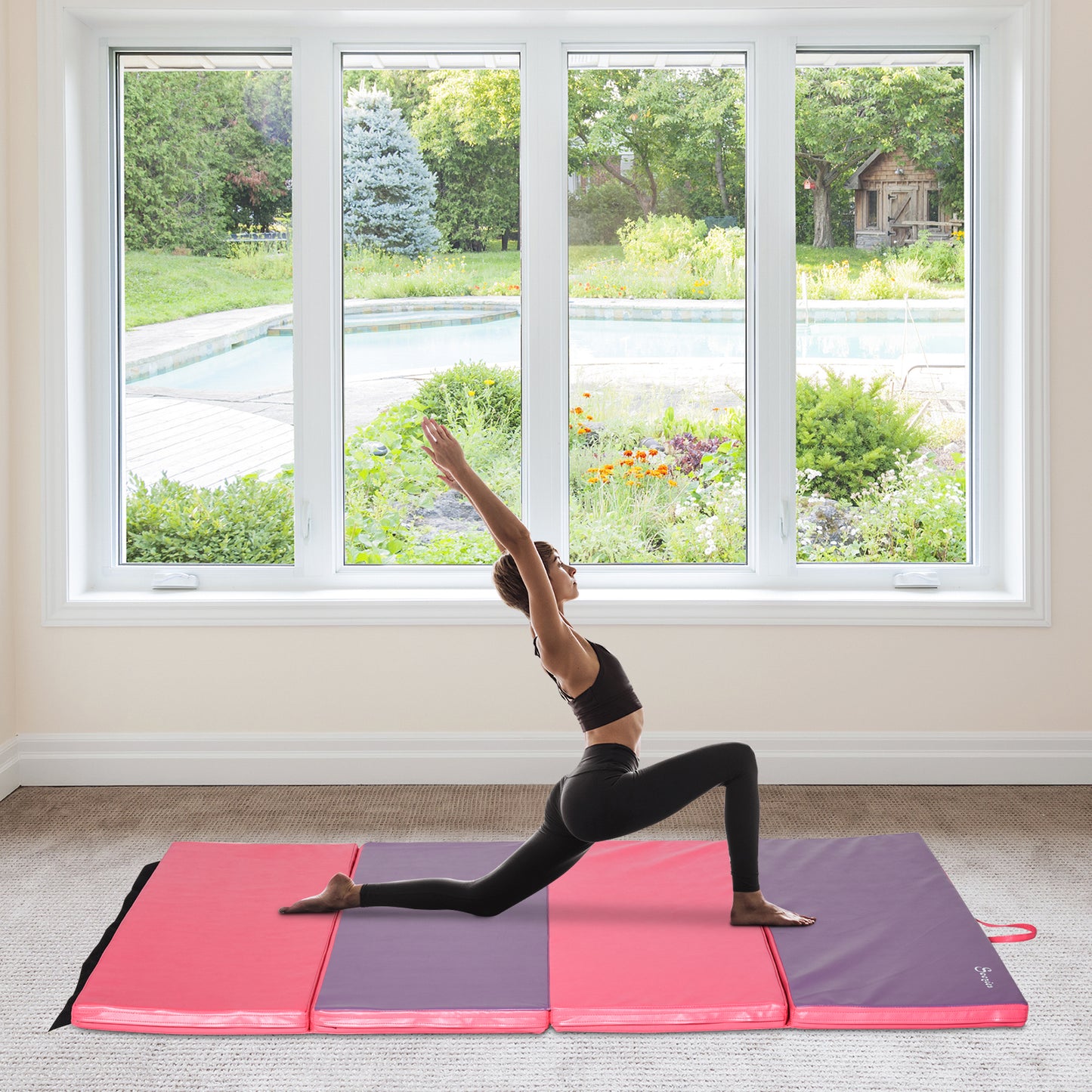 Soozier 4'x6'x2'' Folding Gymnastics Tumbling Mat, Exercise Mat with Carrying Handles for Yoga, MMA, Martial Arts, Stretching, Core Workouts, Pink and Purple