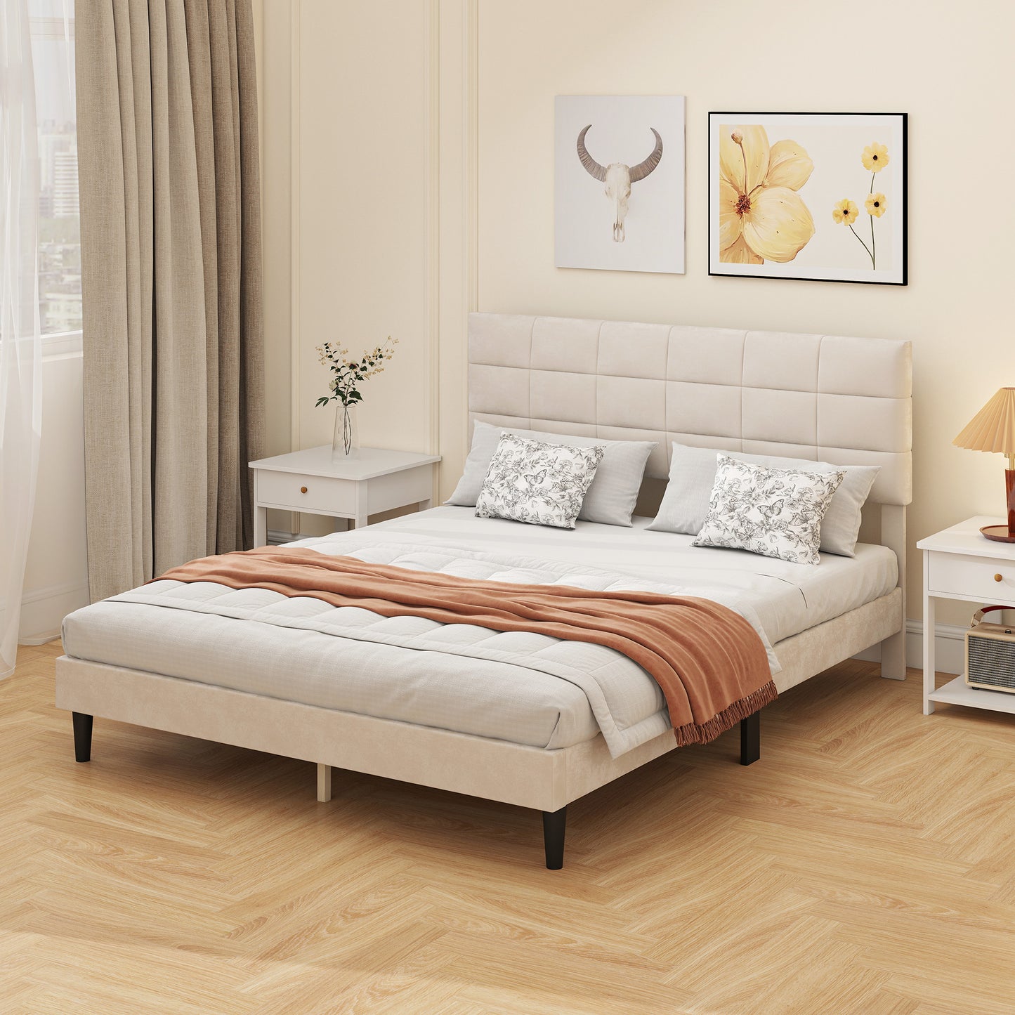 HOMCOM Queen Size Bed Frame with Upholstered Headboard, Modern Platform Bed Frame with Wood Slats, 1100 lbs Capacity, Cream