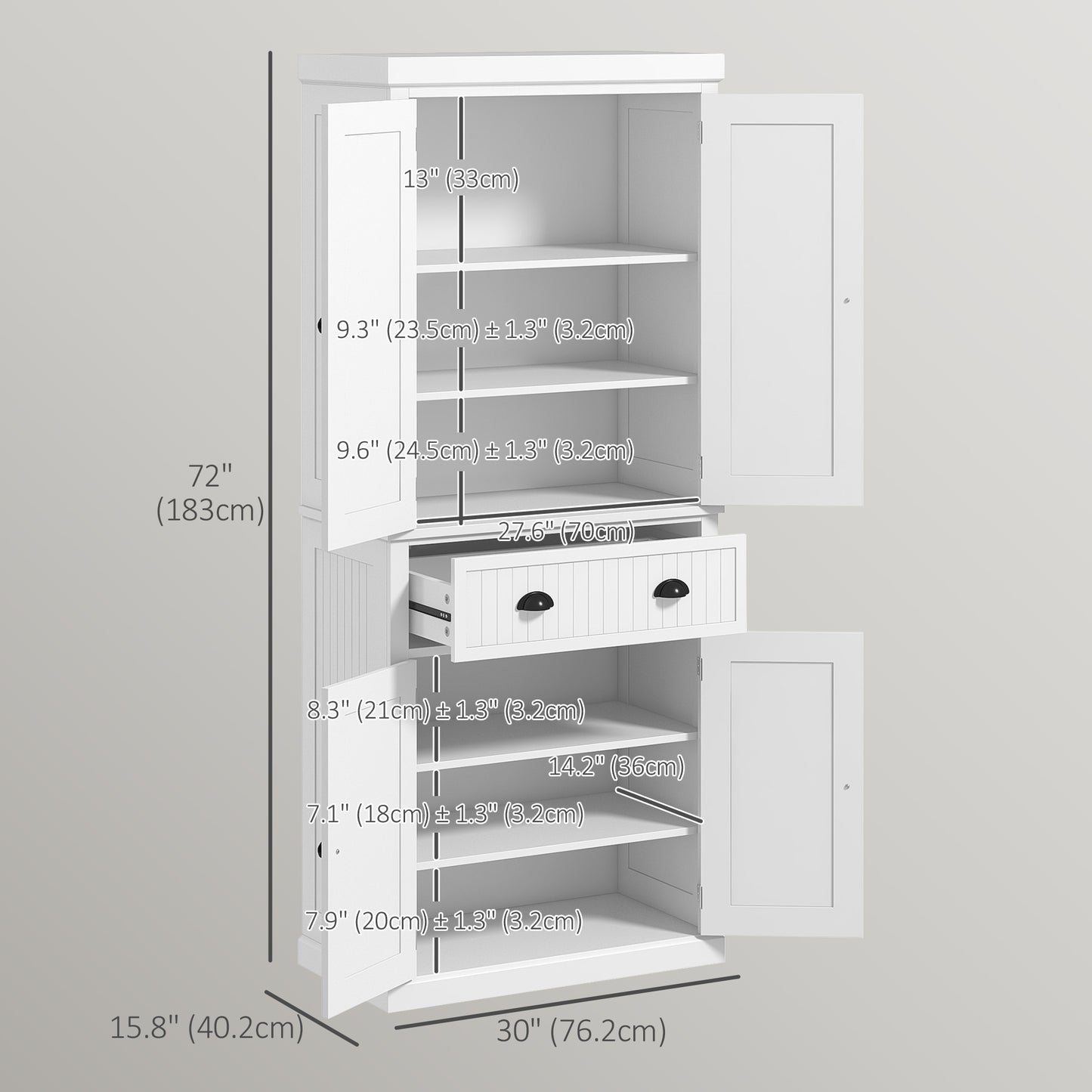 HOMCOM 72" Kitchen Pantry, Freestanding Storage Cabinet with Drawer, Doors, White